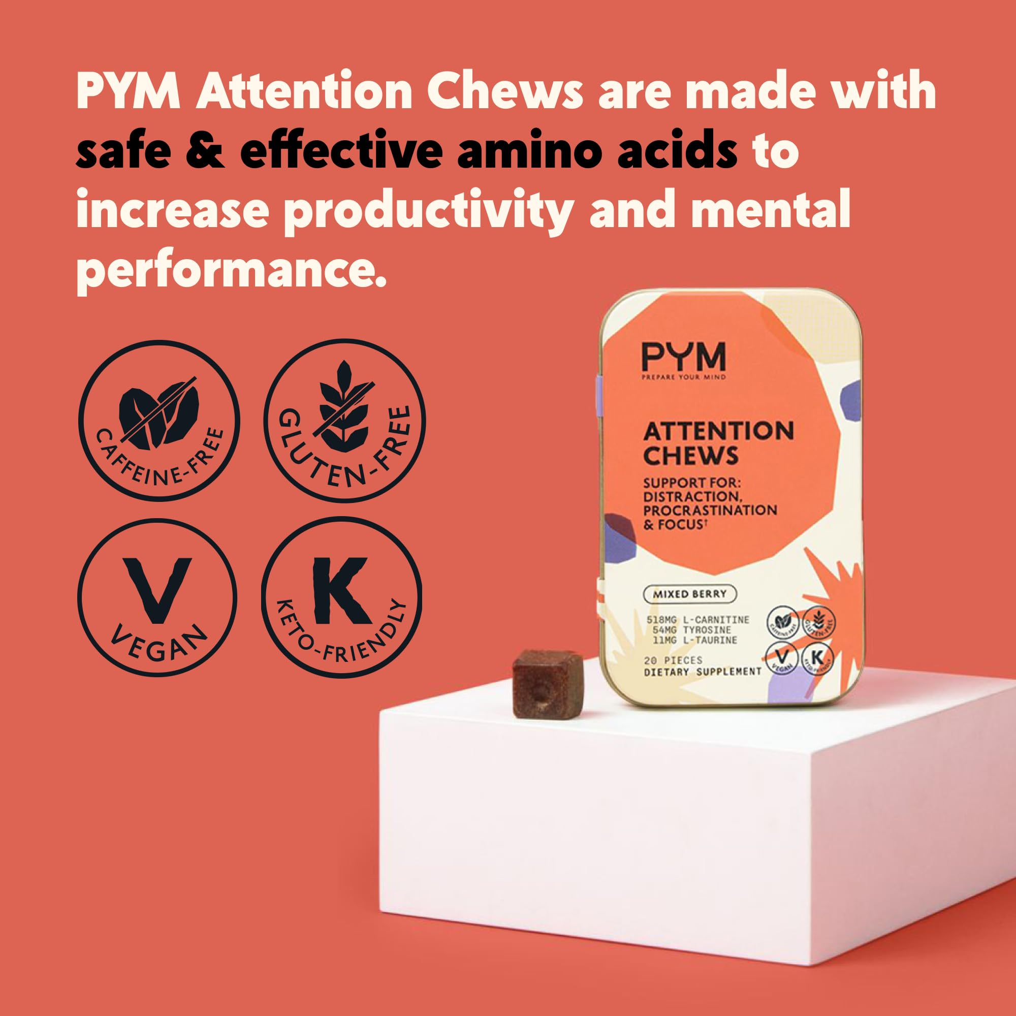 Frasco de PYM Health Attention Chews, práctico para viajar y mantener foco