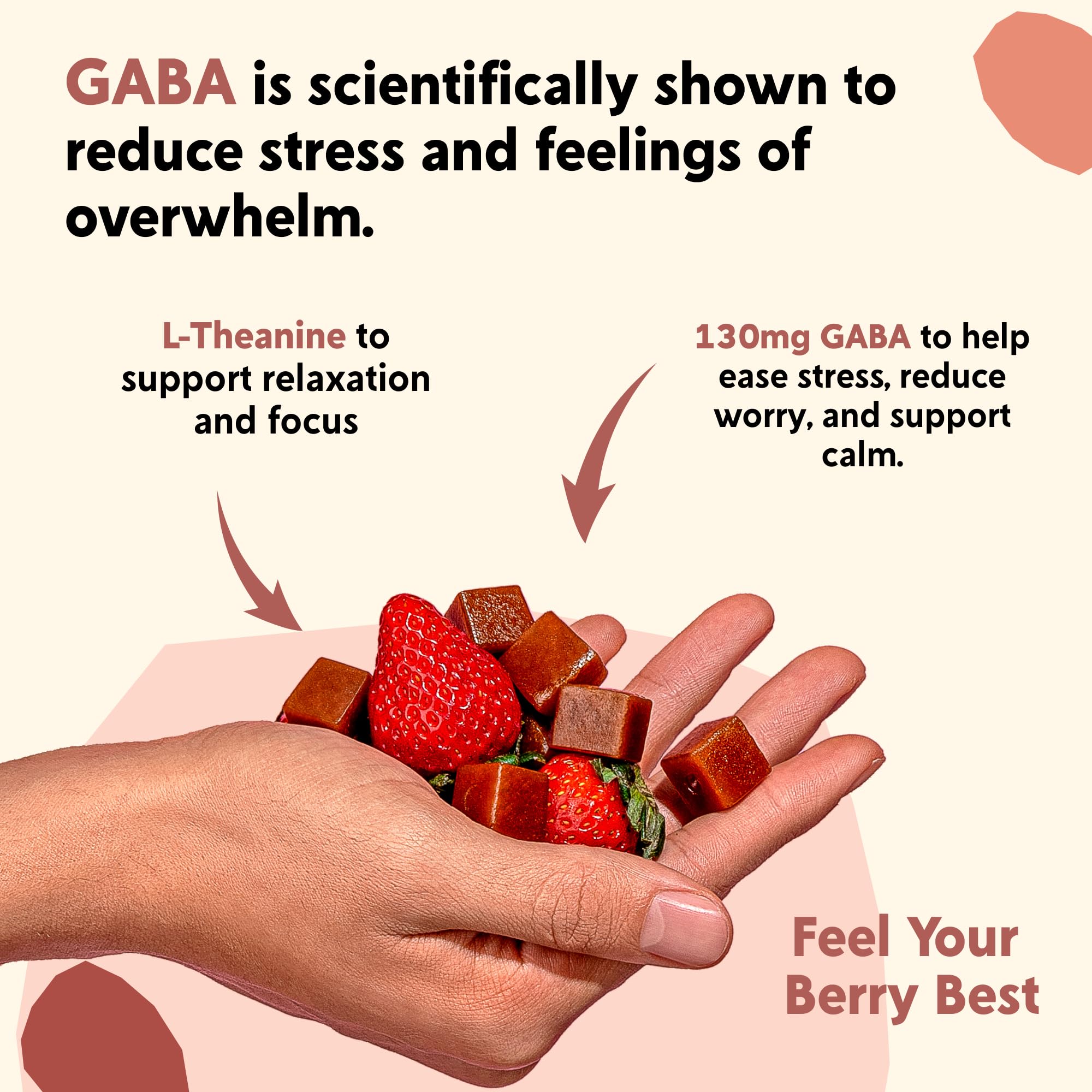GABA y L-teanina en Berry Mood Chews, enfoque suave para la concentración diaria.