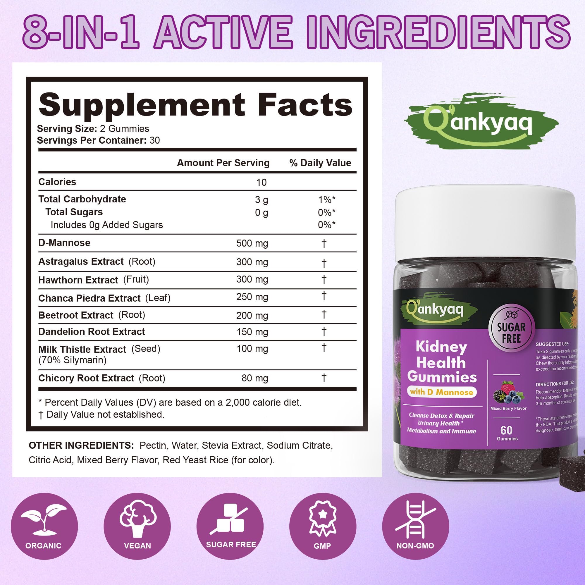 Q'ankyaq gomitas D-mannose en botella, sabor natural para detox renal.