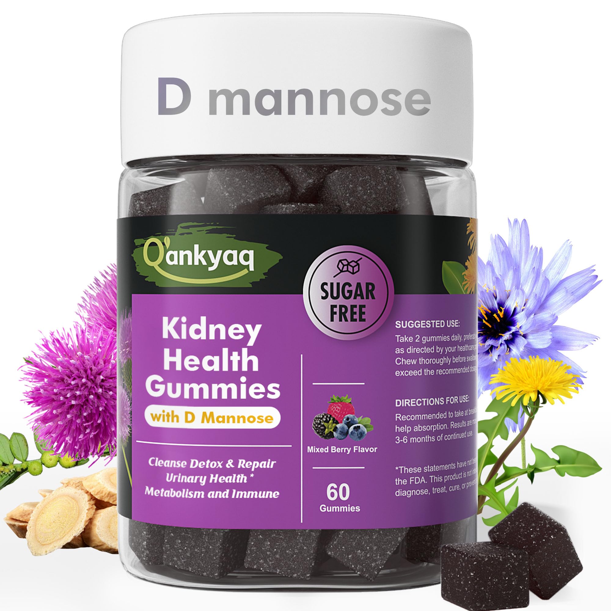 Q'ankyaq D-mannose gomitas para mujeres, sabor suave y apoyo urinario.