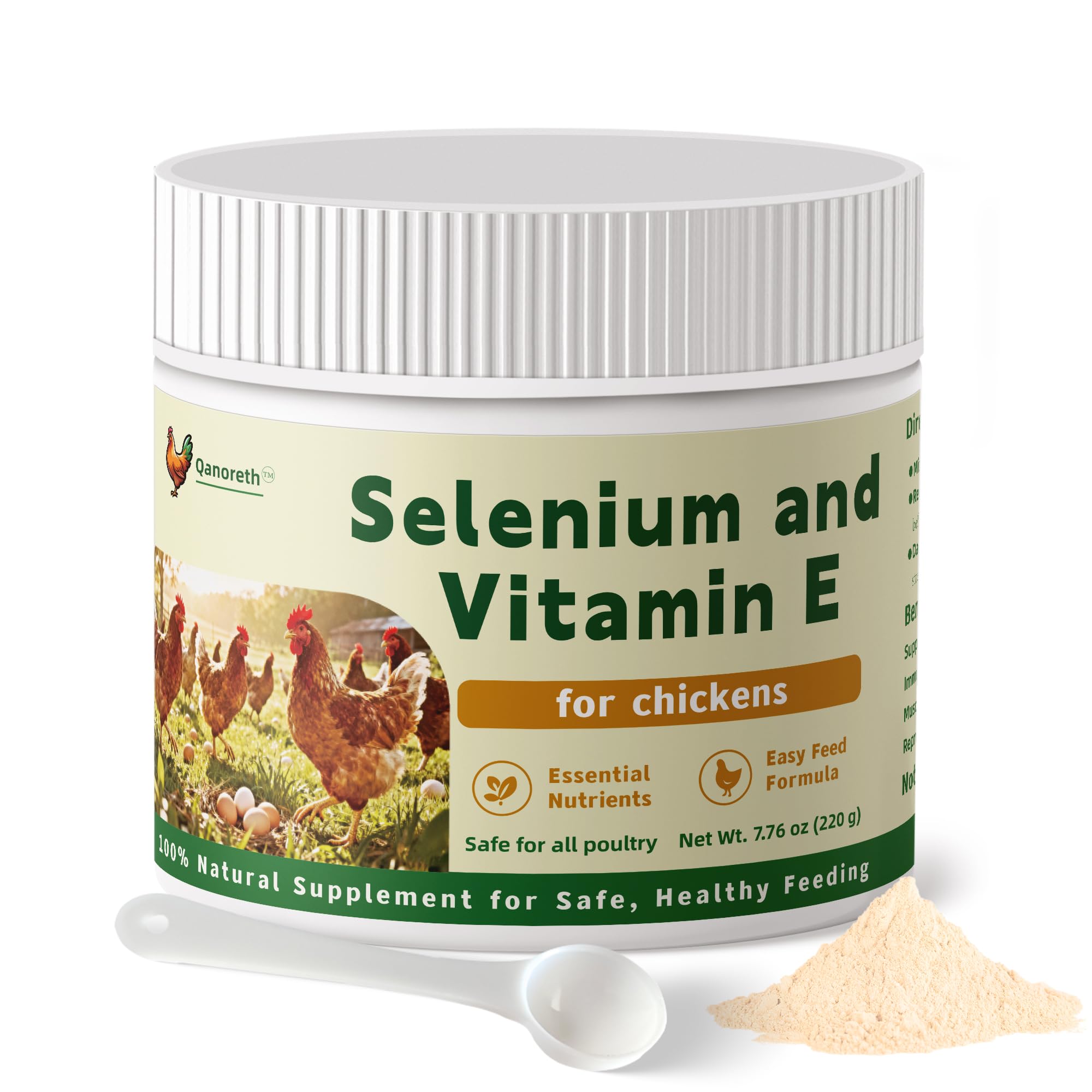 Qanoreth polvo selenio y vitamina E para gallinas, envase práctico para mezclar