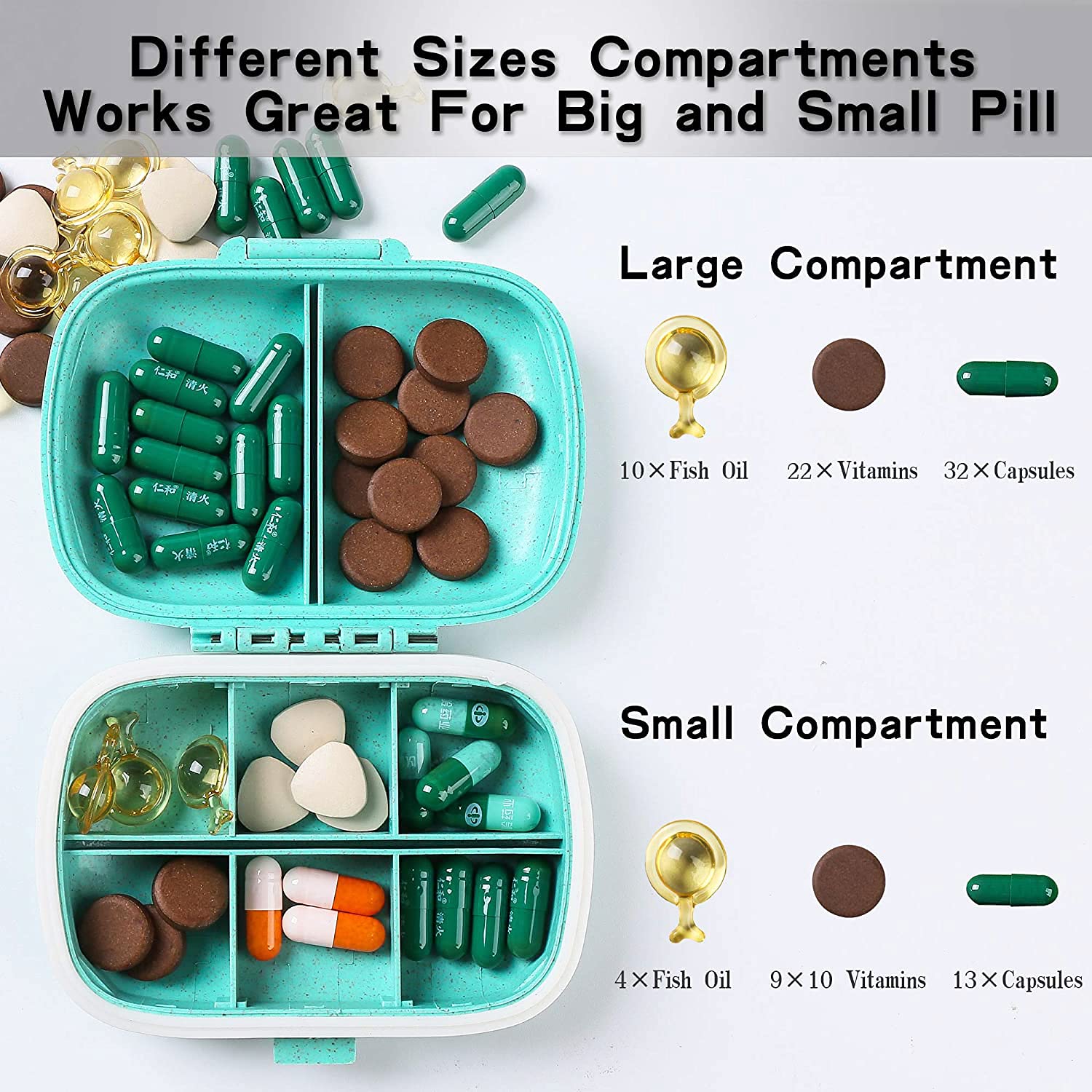 Qeedy-caja de pastillas con 8 compartimentos separados para dosis diarias.