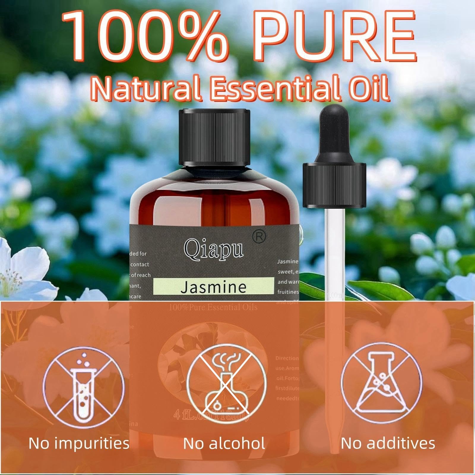 Qiapu aceite esencial en botella de vidrio, aplicación aromática natural.