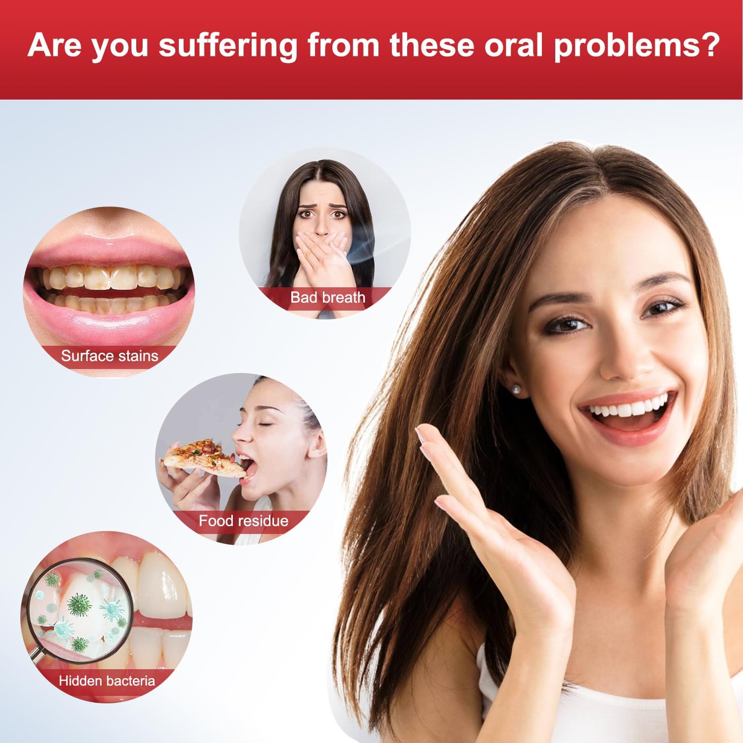 Limpieza dental profunda con SP-8 para eliminar restos de comida.