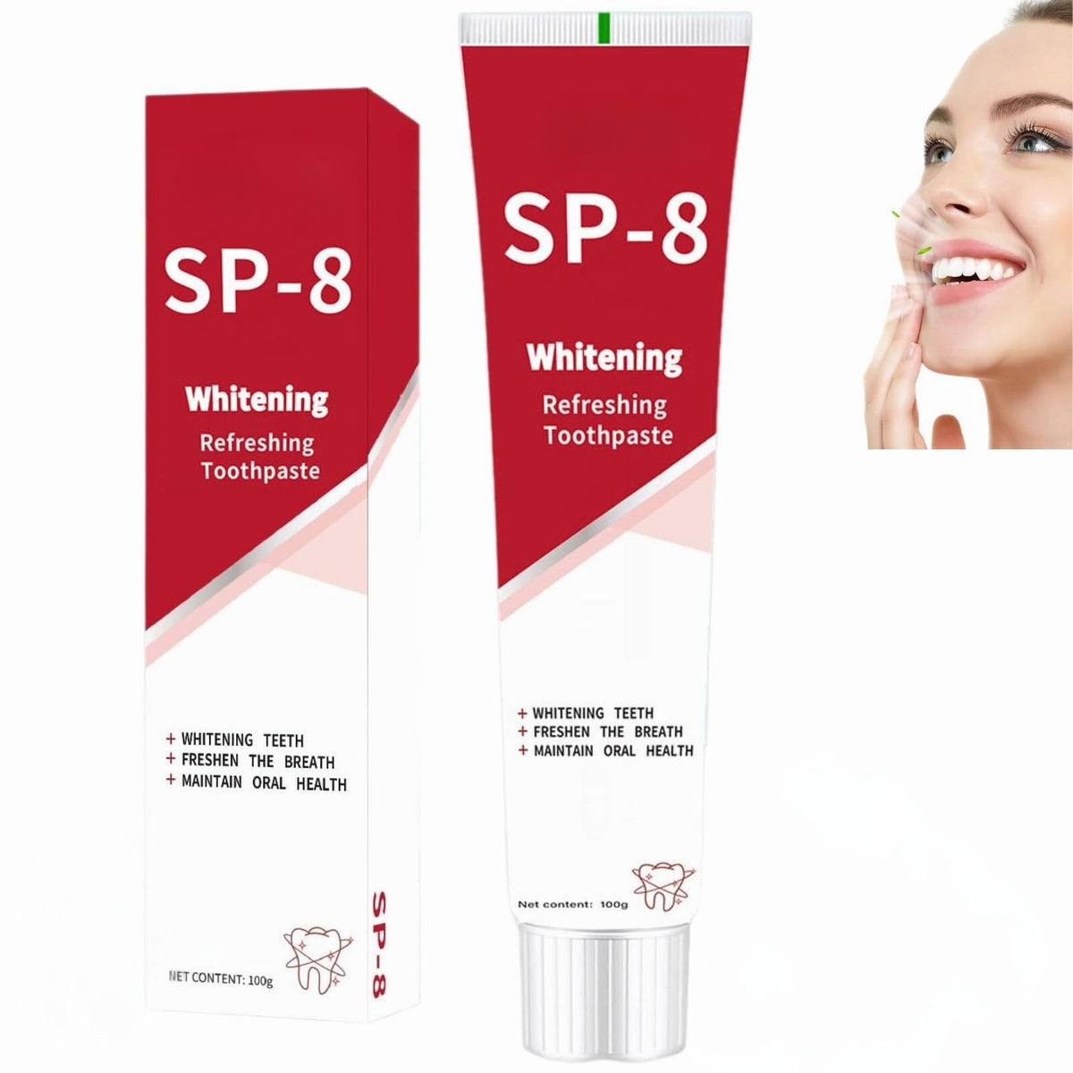 Pasta SP-8 de QIMHETU con enfoque en blanqueamiento refrescante para una sonrisa brillante.