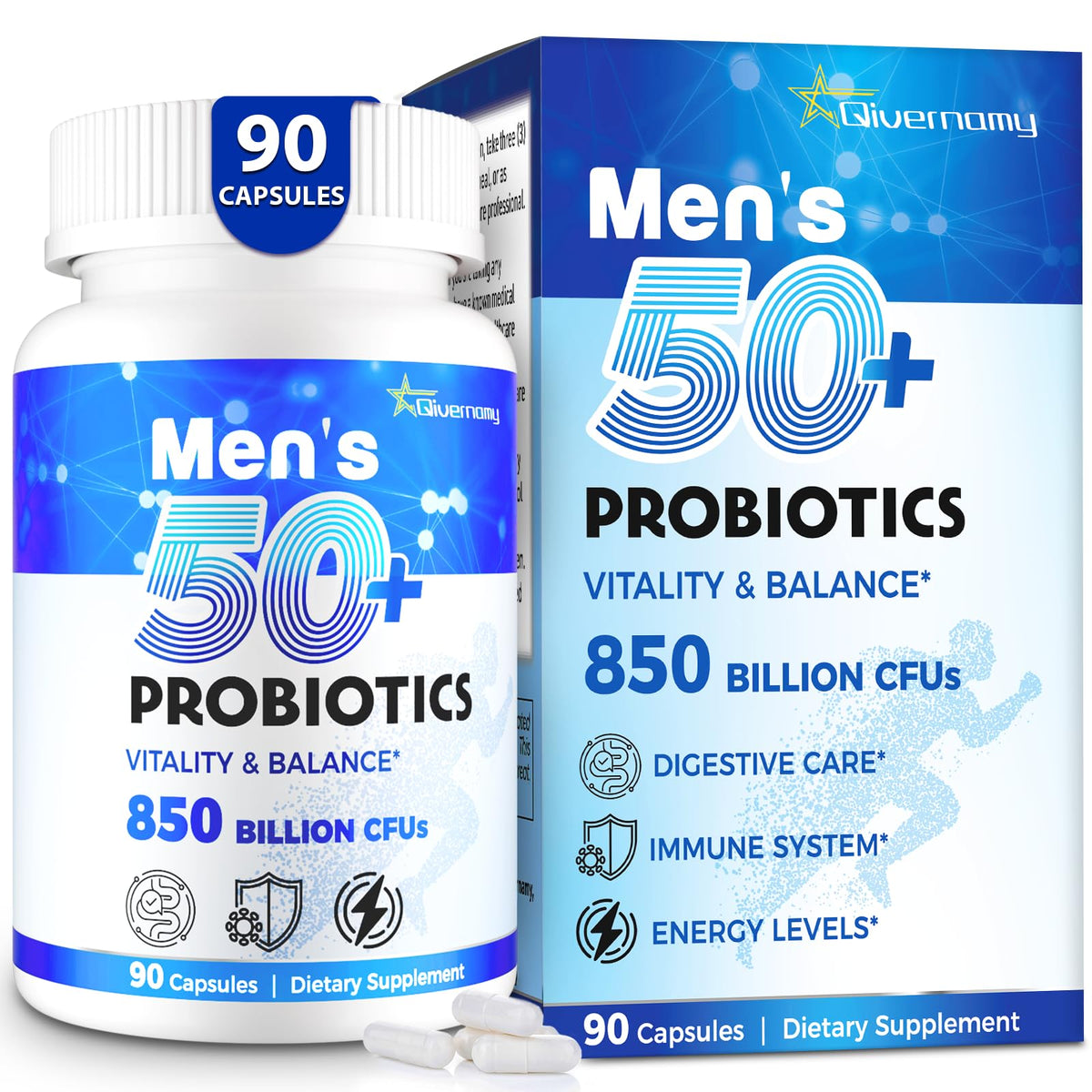 QIVERNAMY probióticos, bote visible, apoyo digestivo para hombres mayores de 50.