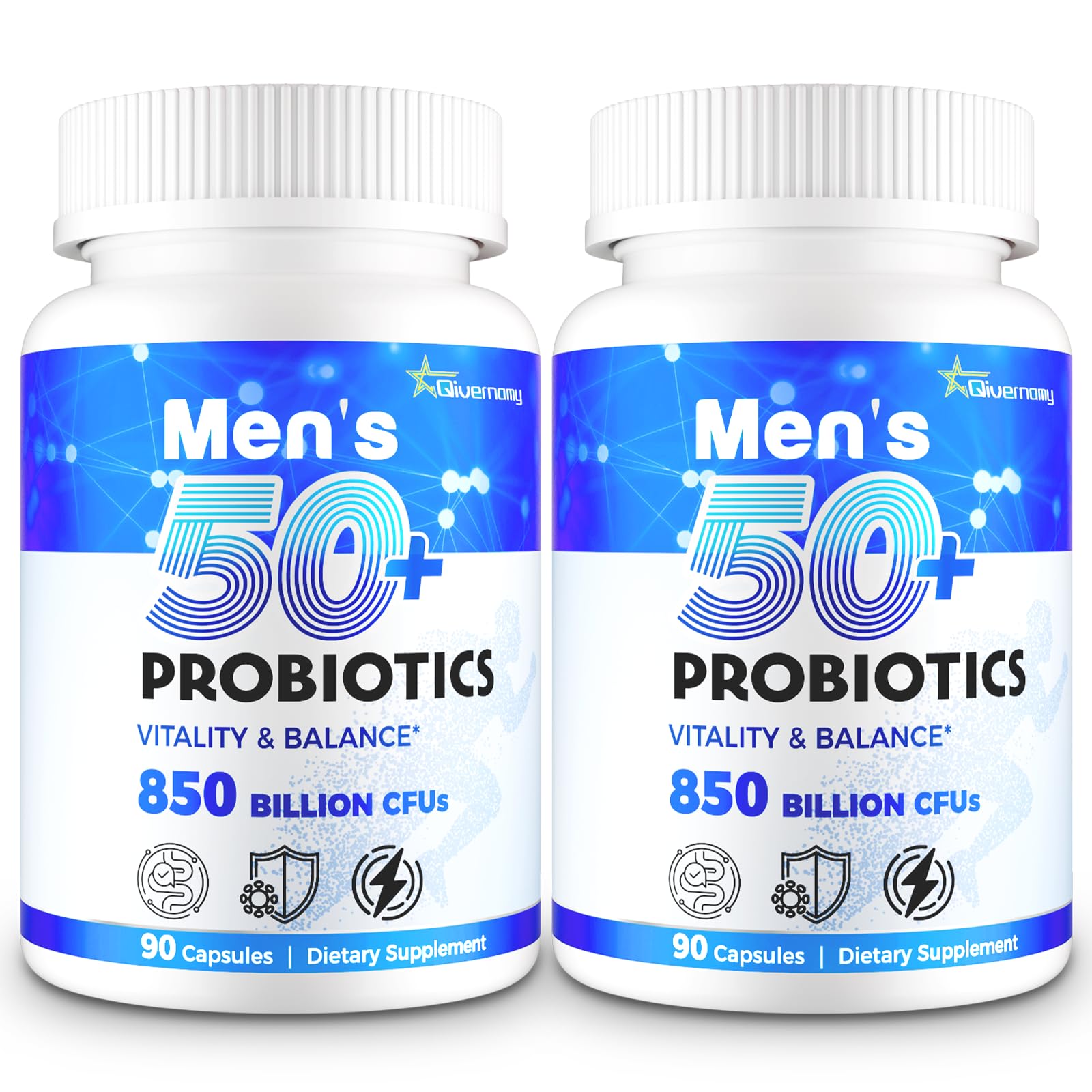 QIVERNAMY Probiotics 50+ en botella cerrada, apoyo digestivo diario.