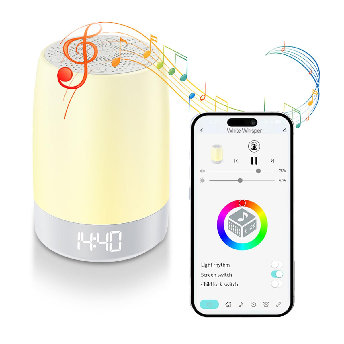 Qivine Soother con luz nocturna de 8 colores para crear un ambiente relajante.