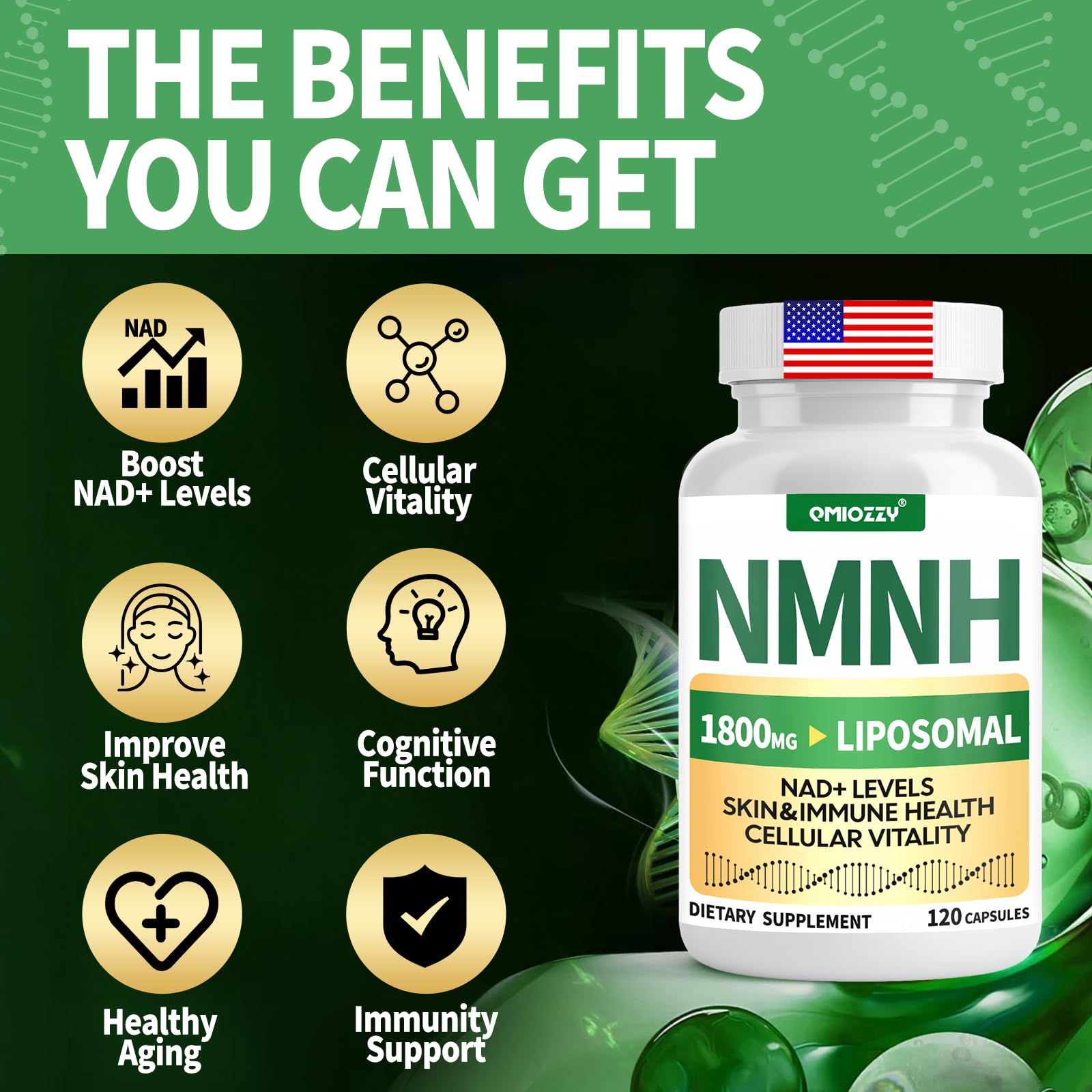 Qmiozzy NMNH tecnología liposomal para absorción mejorada.