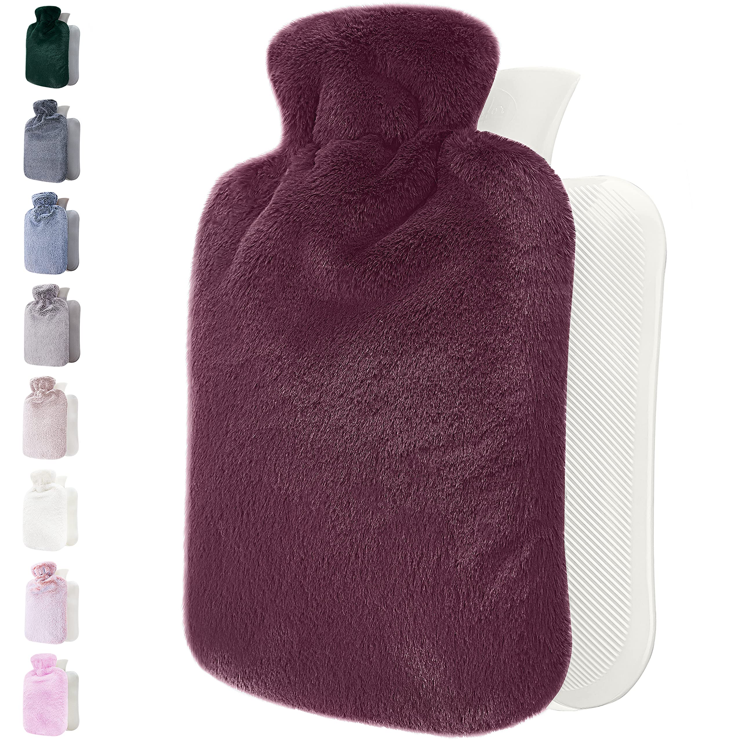 Qomfor botella de agua caliente con funda peluche ciruela 2L, ideal para descanso nocturno.