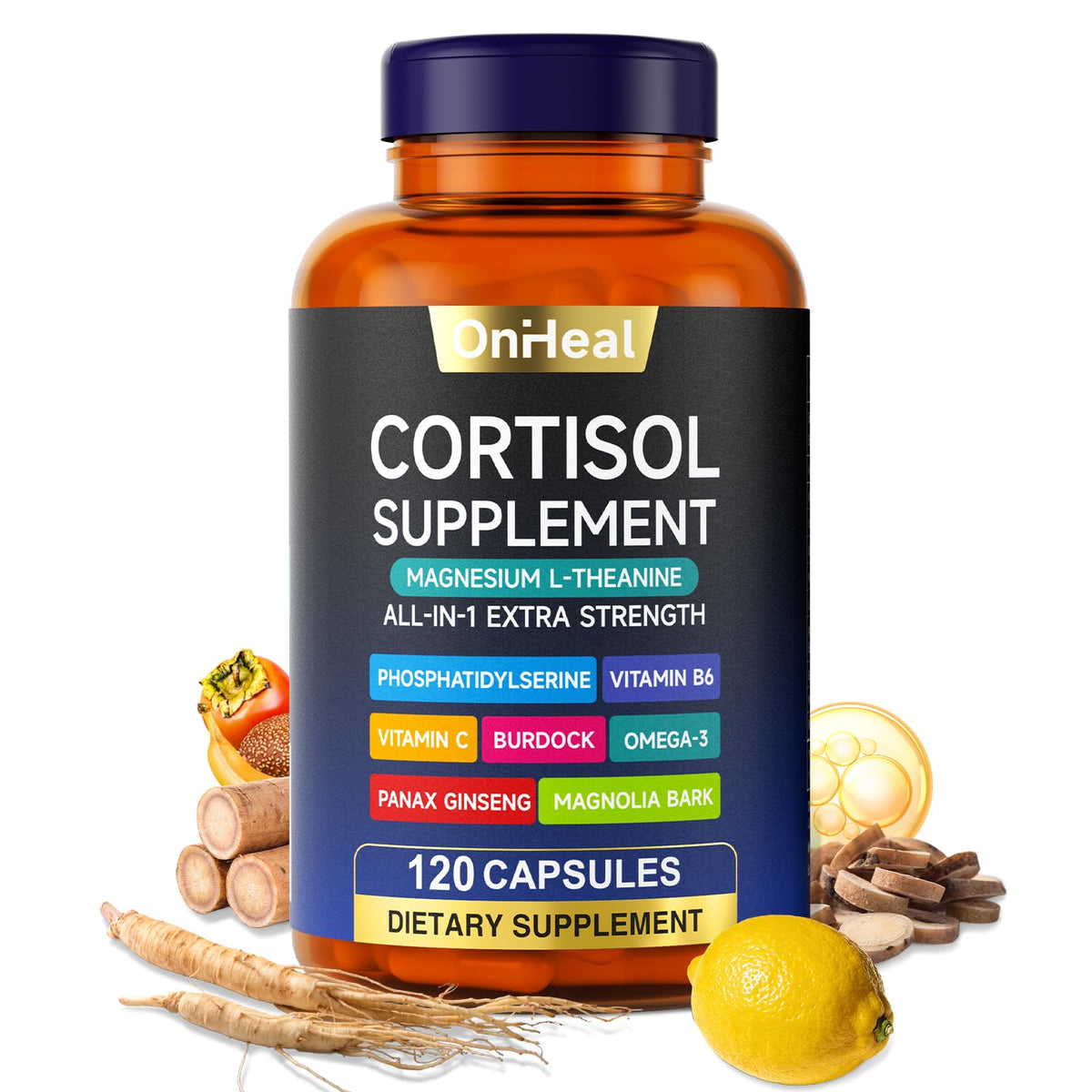 Qsbon Cortisol Reducer, botella frontal, apoyo natural para la regulación del estrés diario.