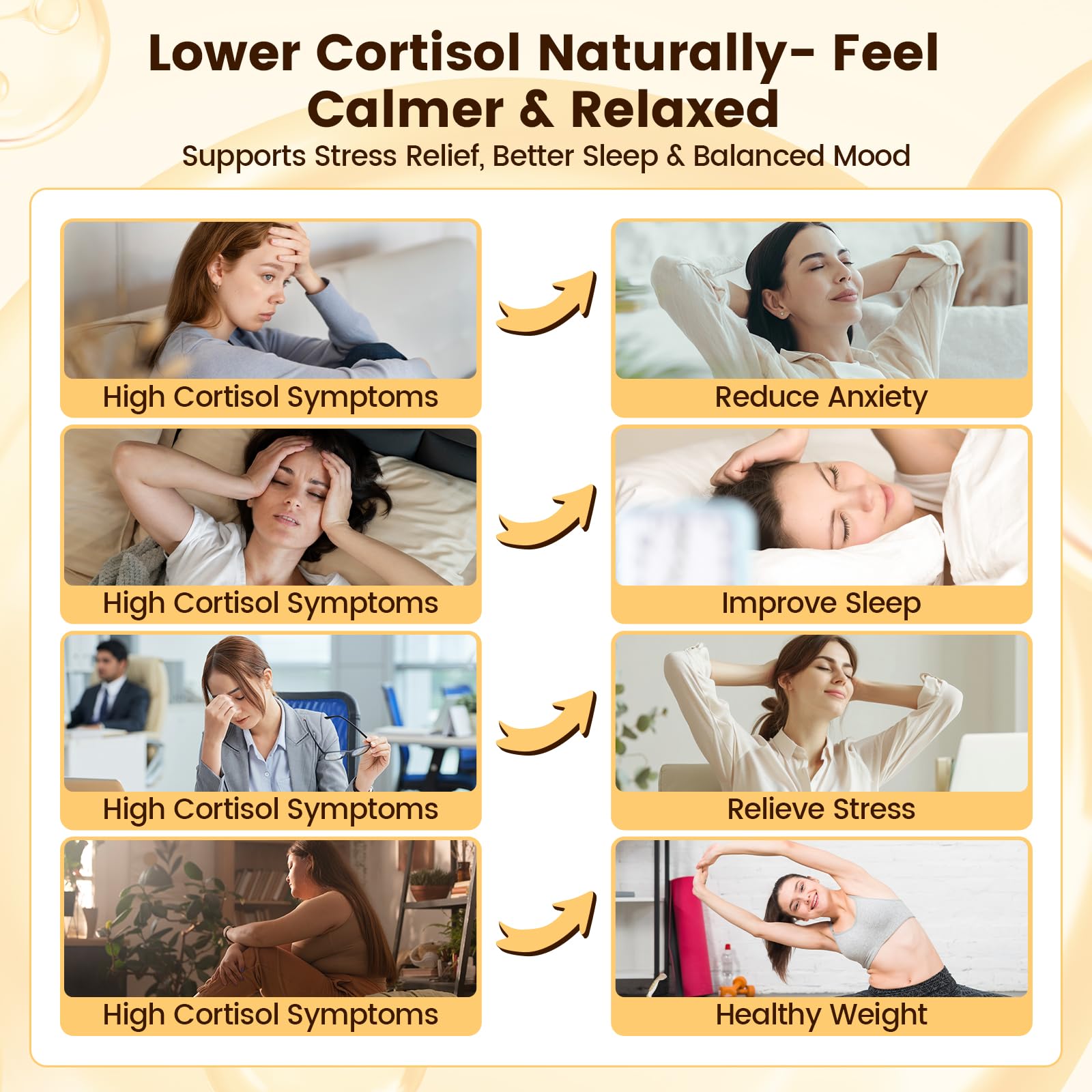 Qsbon Cortisol Reducer, etiqueta de ingredientes, opción sin gluten para uso diario.