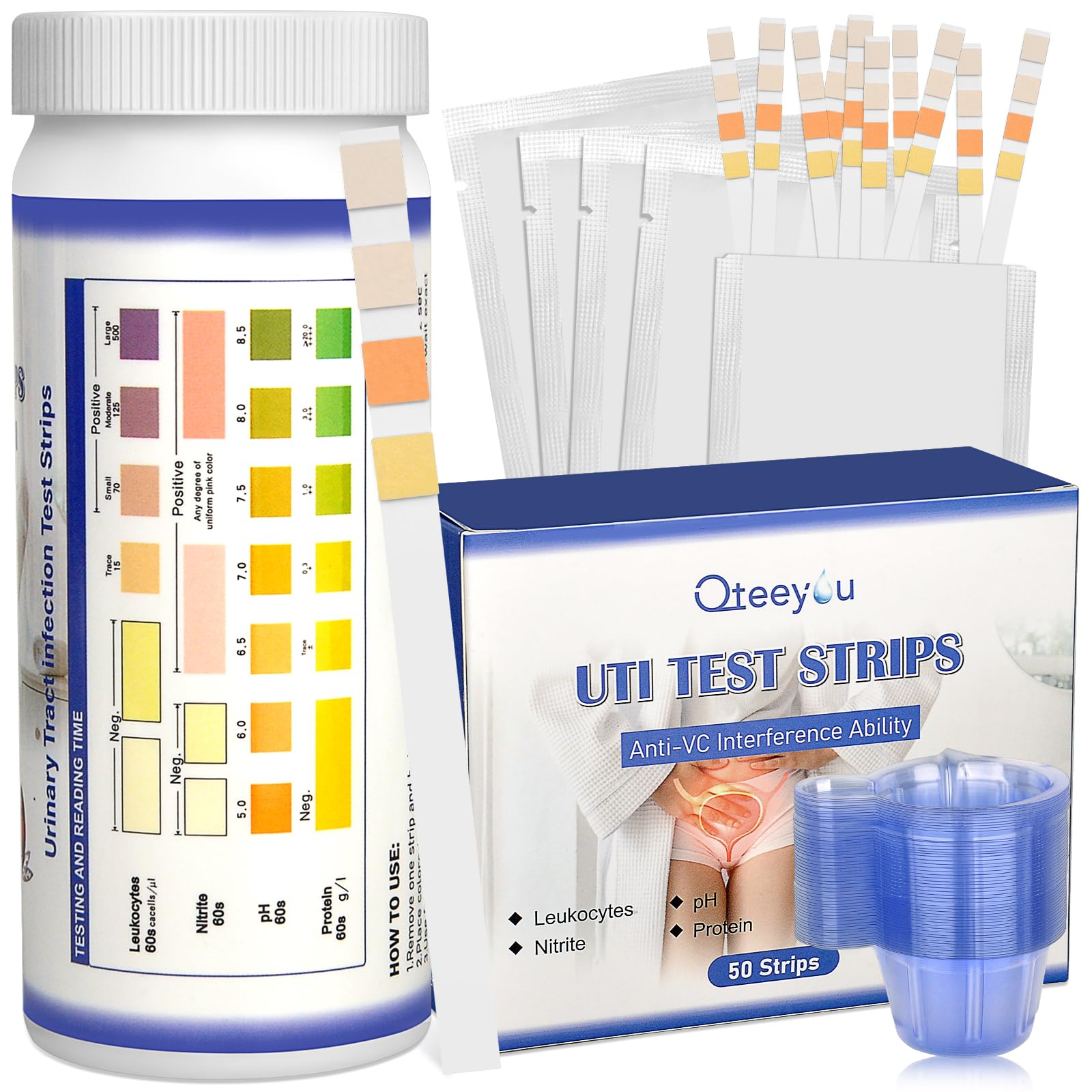 Prueba 4 en 1 UTI de Qteeyou, tira de orina en caja de 50 para uso doméstico.