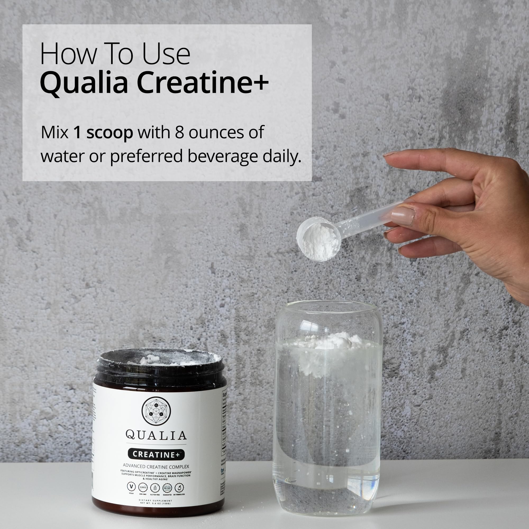 Qualia Creatine: ingredientes certificados, vegano y sin gluten