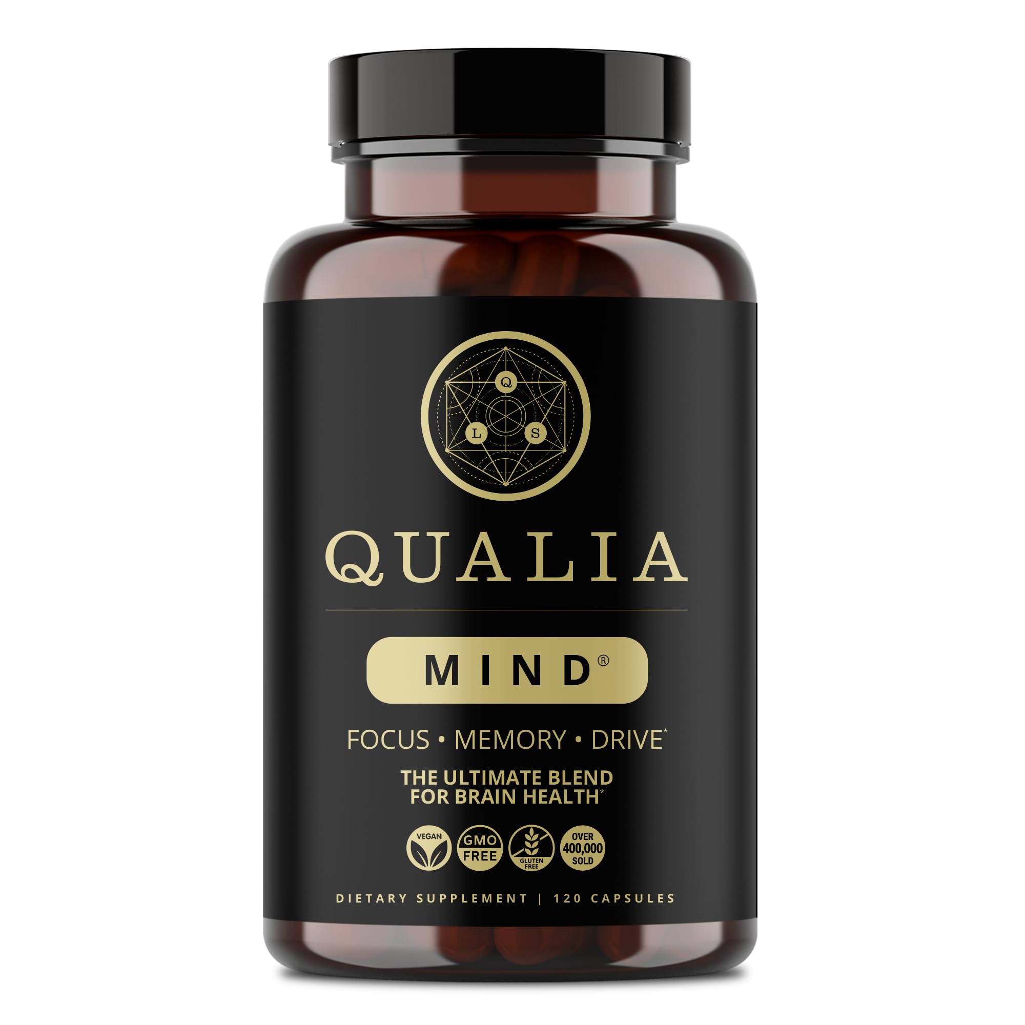 Qualia Mind de QUALIA LIFE SCIENCES, botella frontal, impulso de concentración y claridad mental.