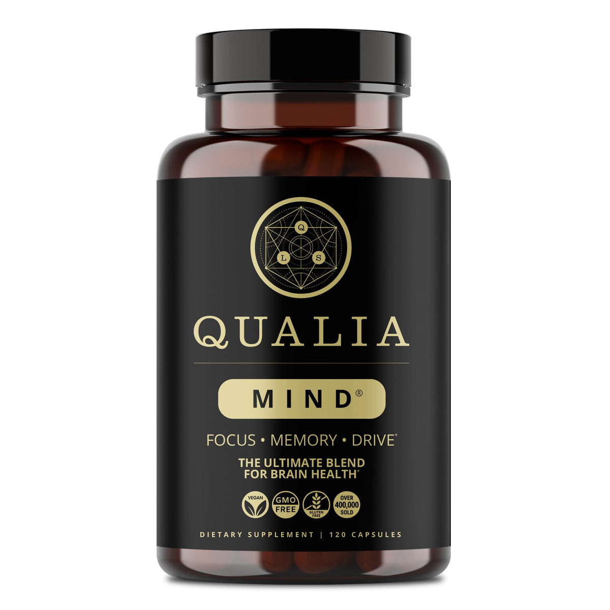 Qualia Mind de QUALIA LIFE SCIENCES, botella frontal, impulso de concentración y claridad mental.