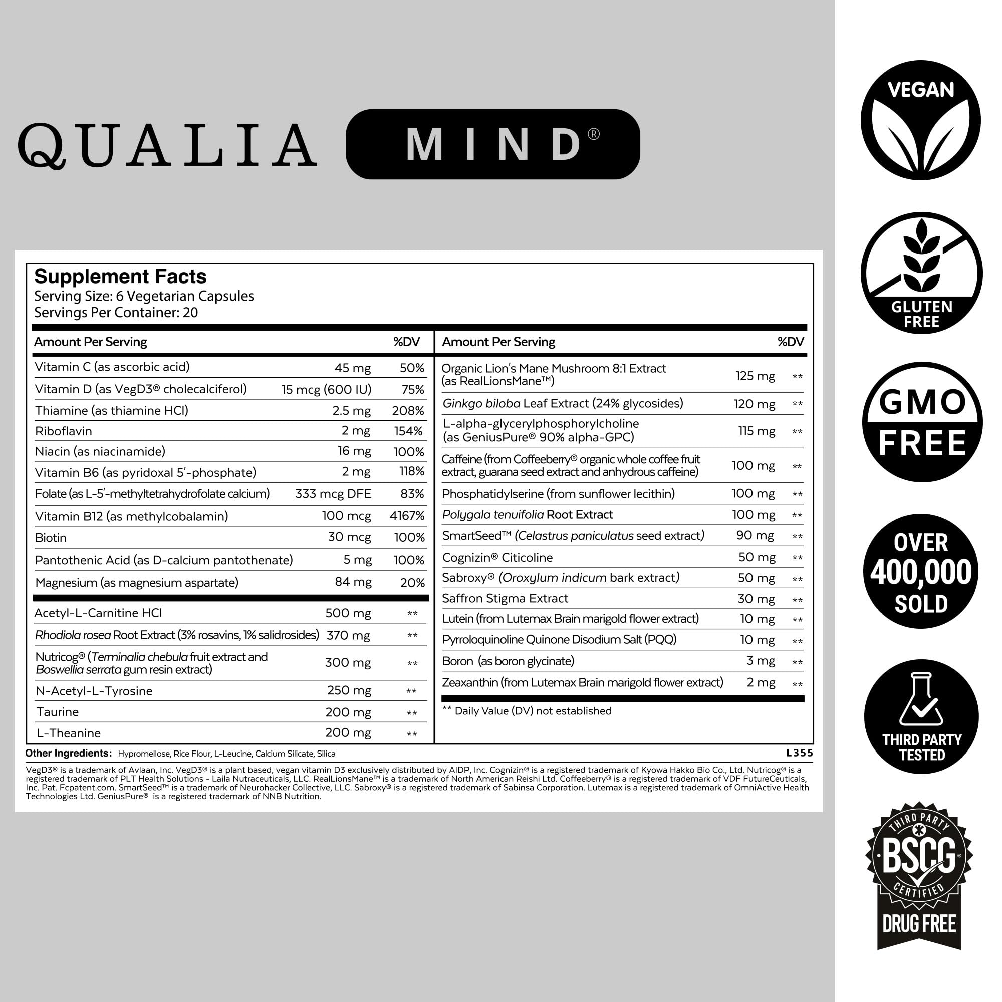 Qualia Mind de QUALIA LIFE SCIENCES, etiqueta informativa, consulta rápida de ingredientes clave.