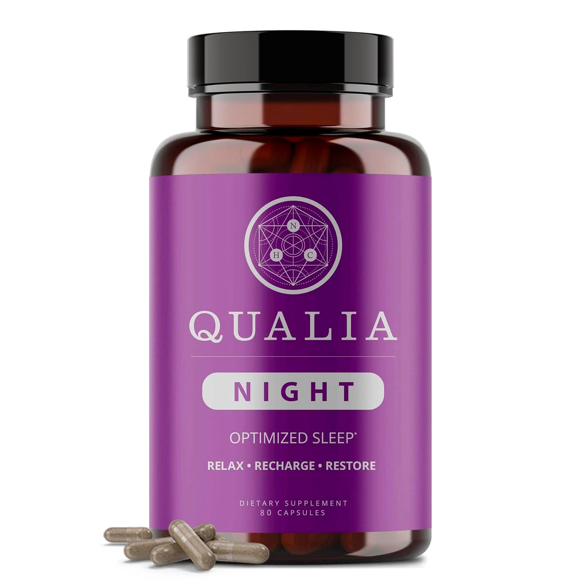 Qualia Night Sleep Aid: botella-frente, apoyo para un despertar más claro.