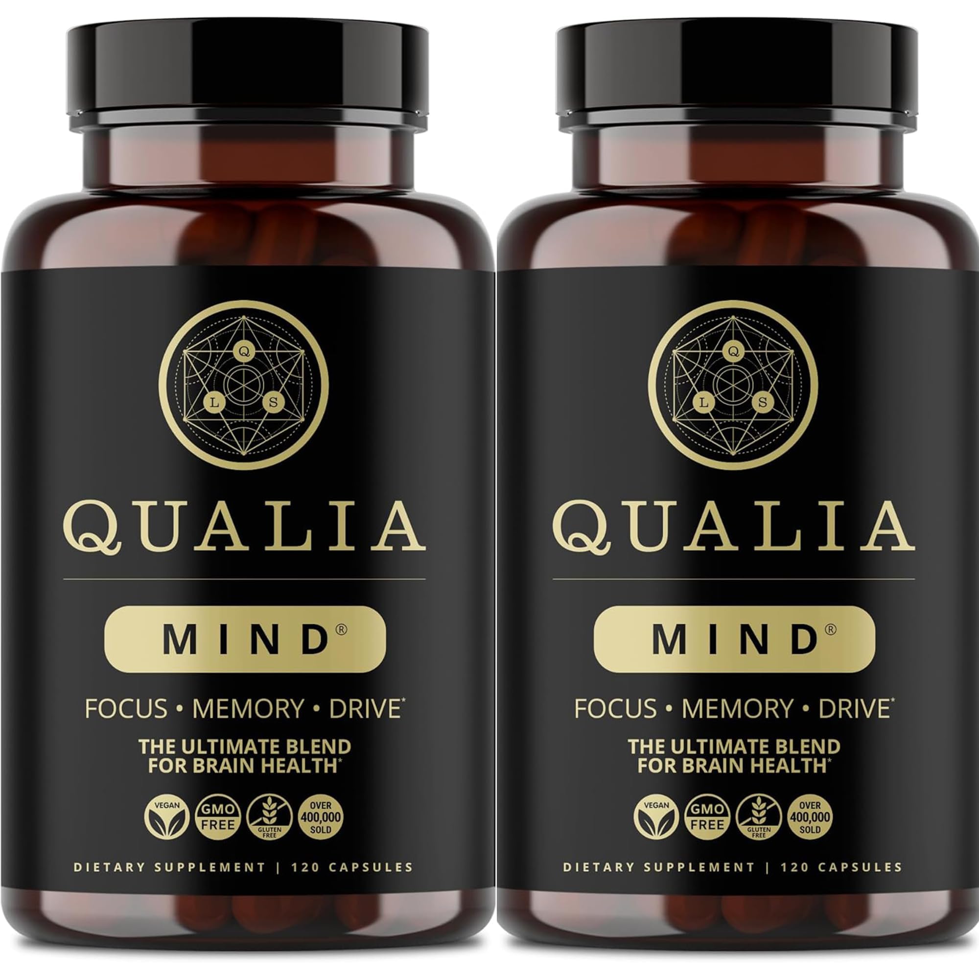 Qualia Mind: botella frontal con cápsulas para concentración diaria.