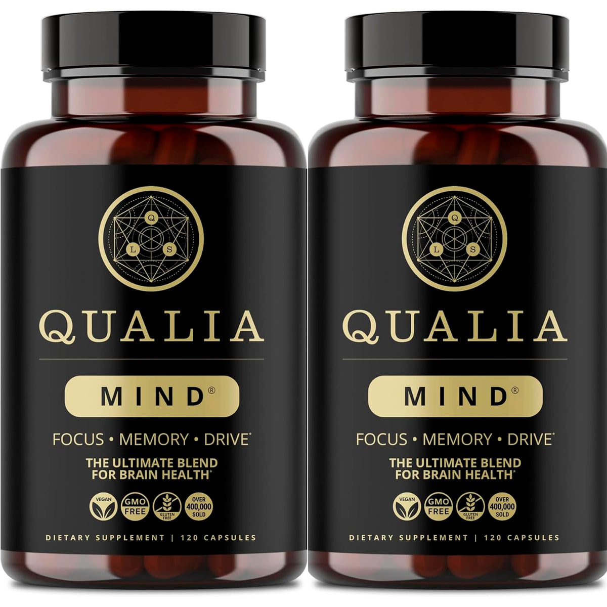 Qualia Mind: botella frontal con cápsulas para concentración diaria.