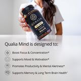 Qualia Mind: etiqueta visible que destaca calidad y beneficios.