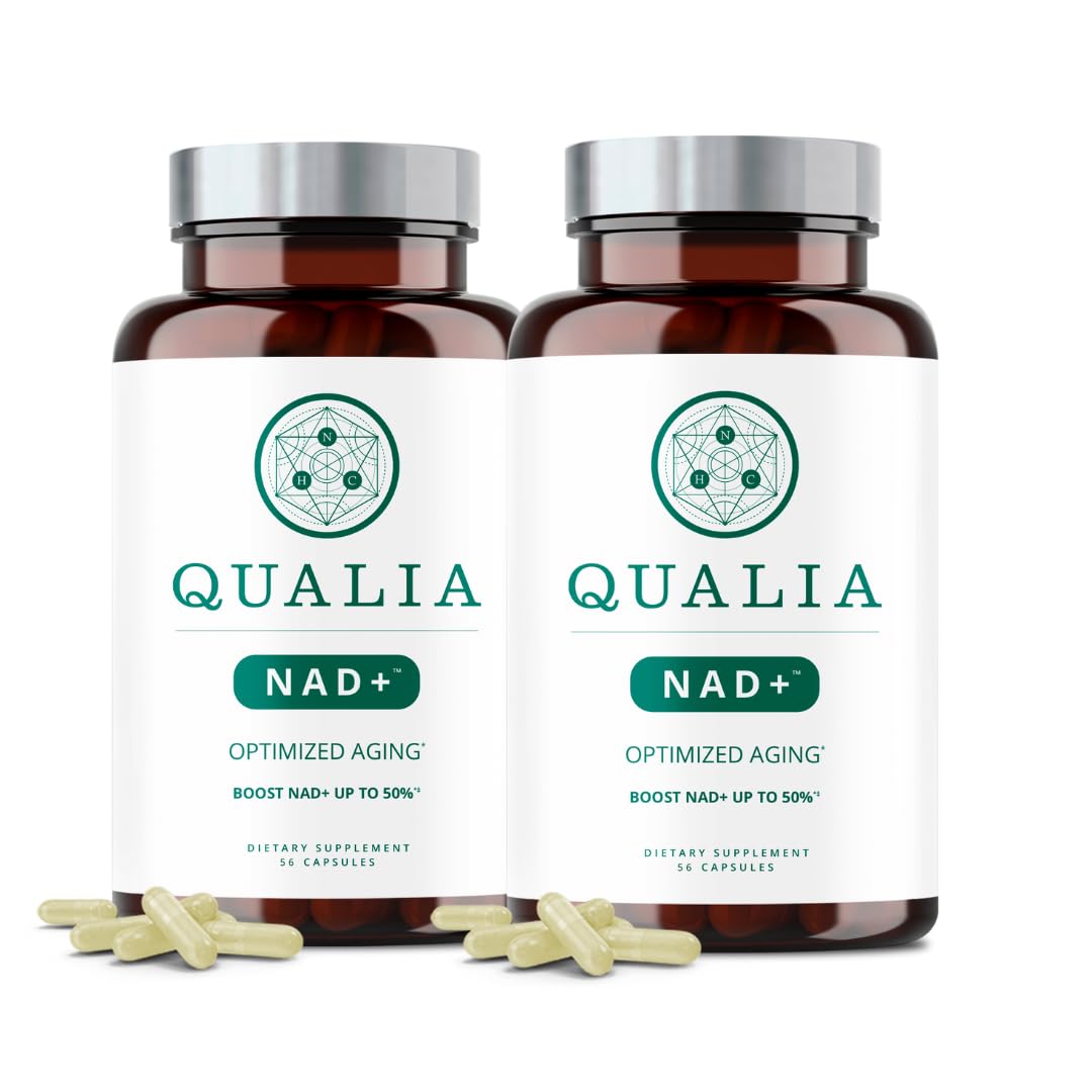 Qualia NAD, botella en escena, apoyo a la energía diaria y bienestar.