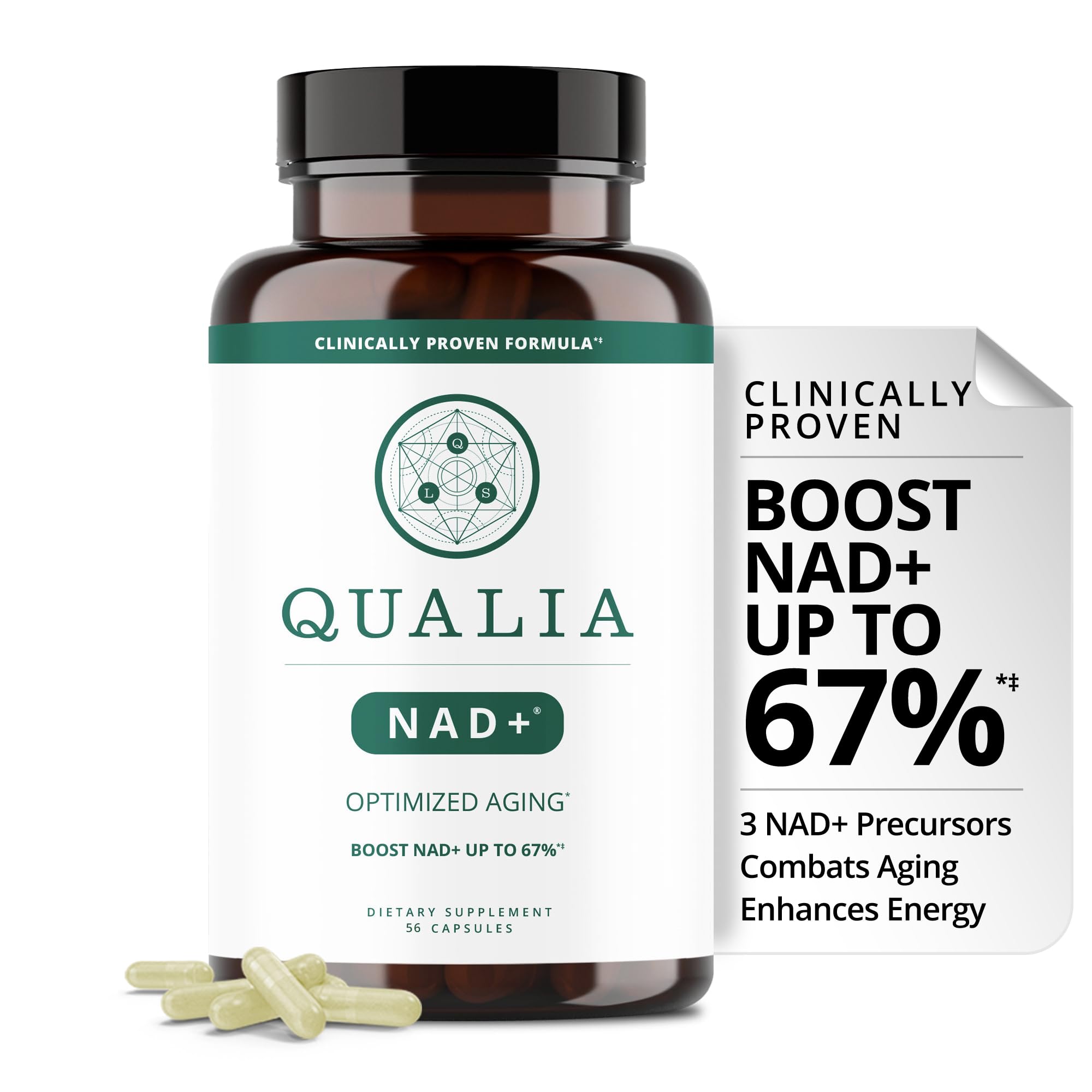Qualia NAD: botella de suplemento para energía sostenida diaria.