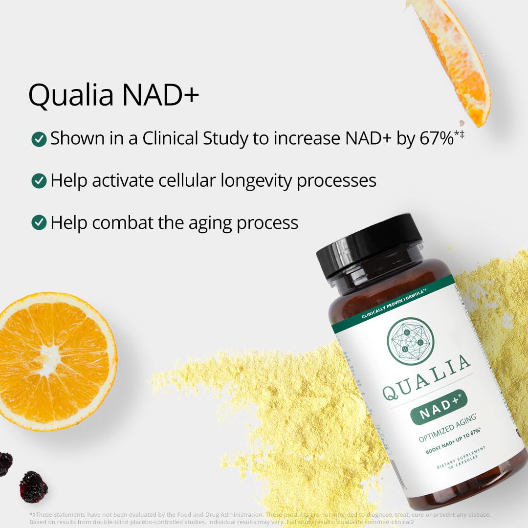 Qualia NAD, etiqueta frontal, destaca ingredientes clave para su bienestar.