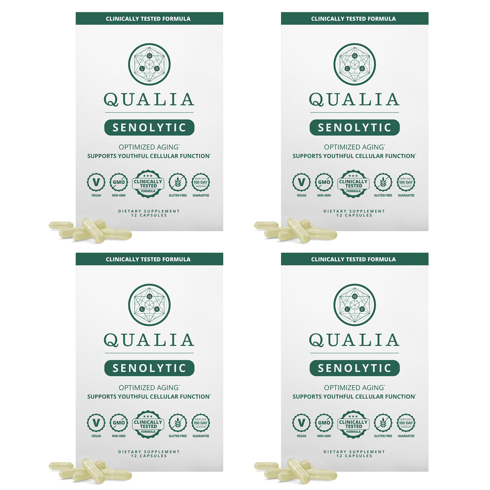Qualia Senolítico, botella visible, ideal para apoyar una rutina diaria de bienestar.