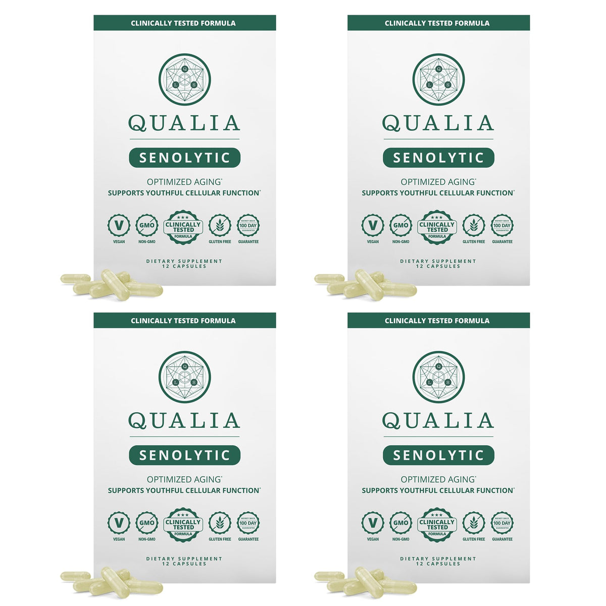 Qualia Senolítico, botella visible, ideal para apoyar una rutina diaria de bienestar.