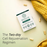 Qualia Senolítico, ingredientes clave visibles, resaltan el cuidado por la salud celular.