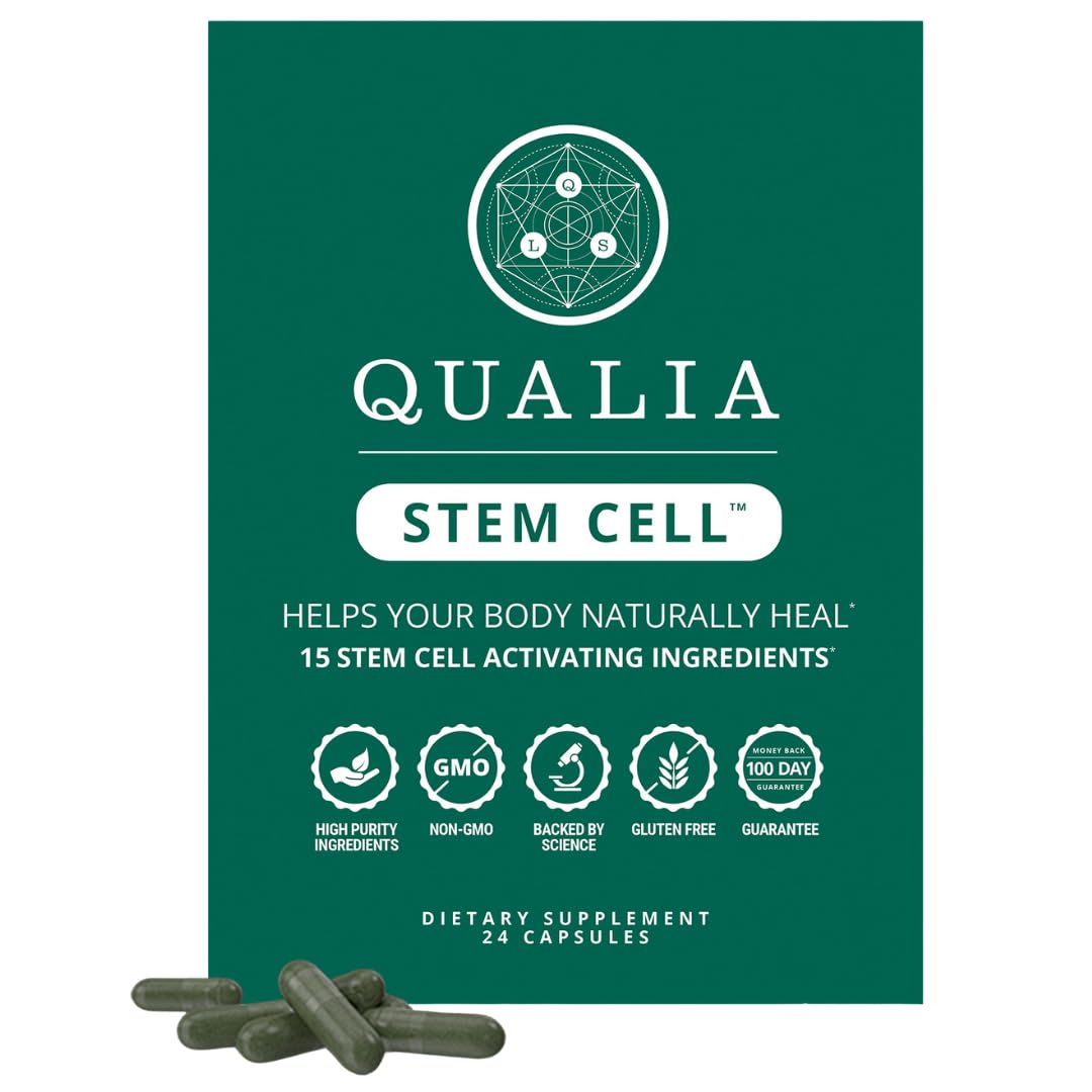 Qualia Stem Cell: botella en primer plano para uso diario y bienestar.