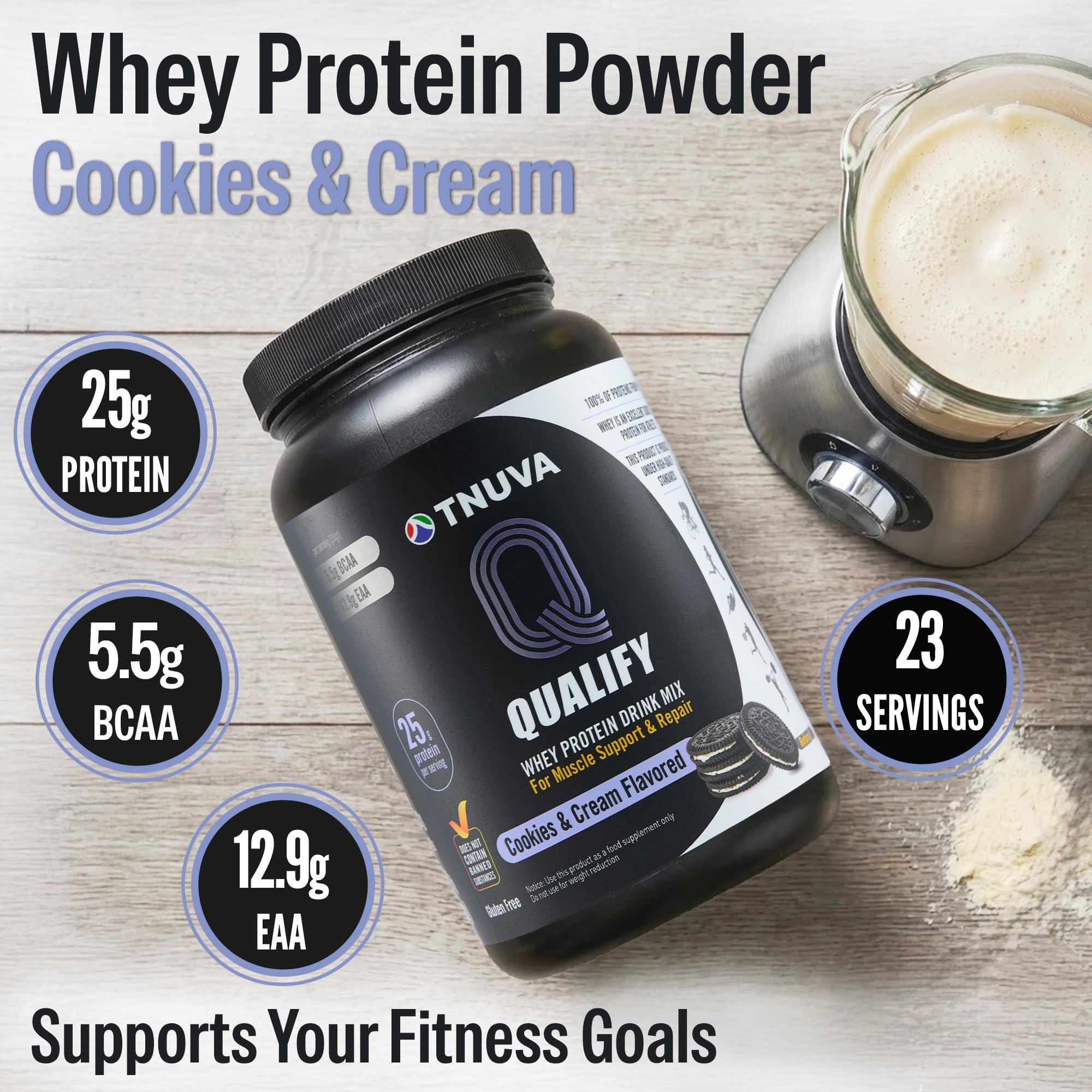Qualify proteína sabor galleta crema, mezclador, ideal para batidos posentrenamiento.