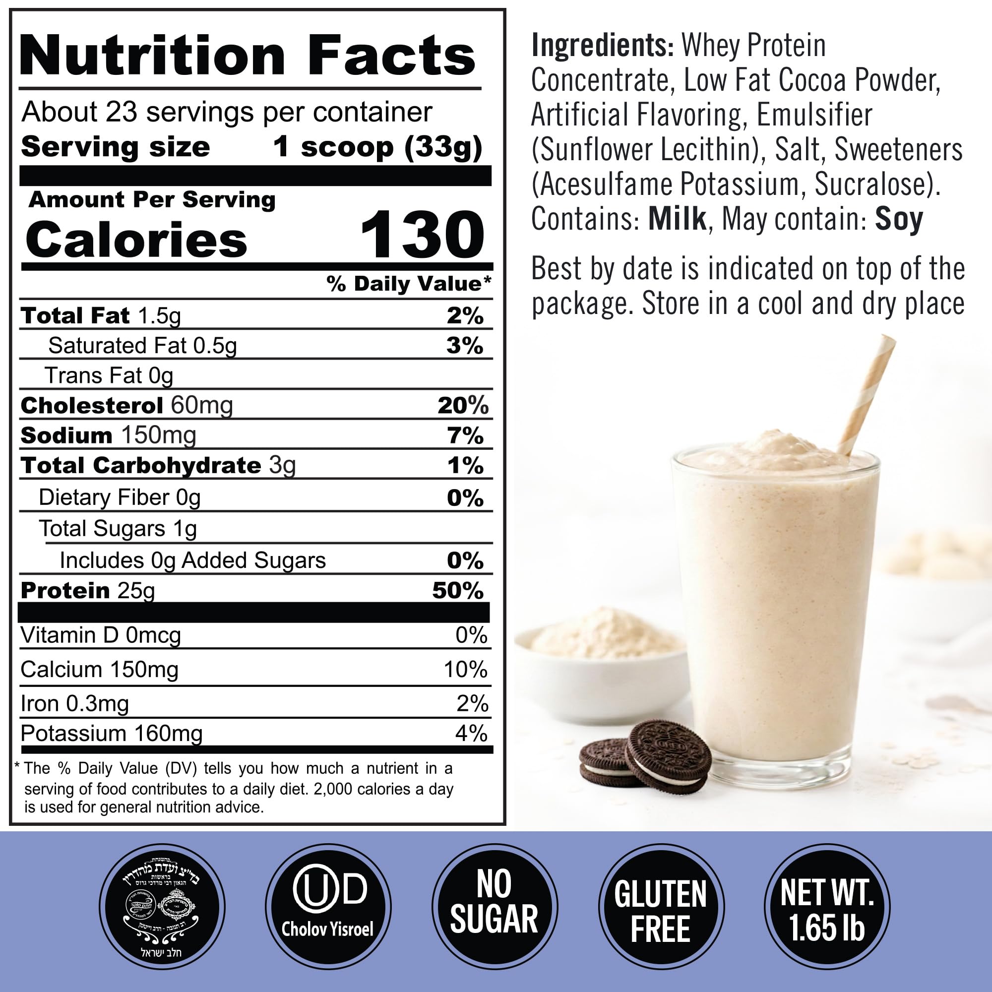Qualify proteína sabor galleta crema, vaso, lista para preparar batidos nutritivos.