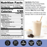 Qualify proteína sabor galleta crema, vaso, lista para preparar batidos nutritivos.
