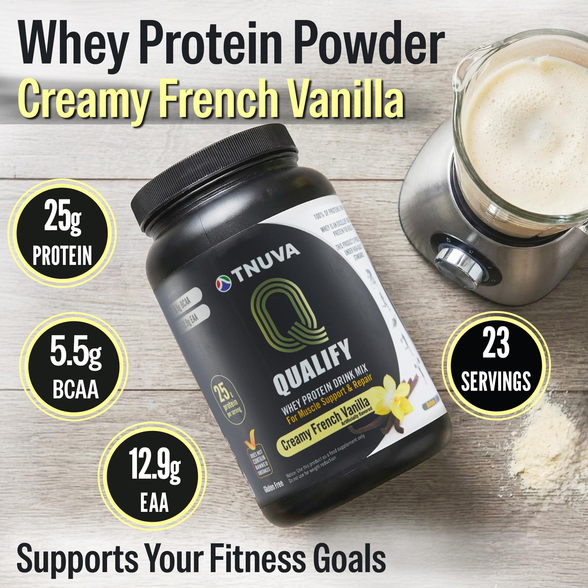 Qualify proteína vainilla francesa batido cremoso, listo para el desayuno.
