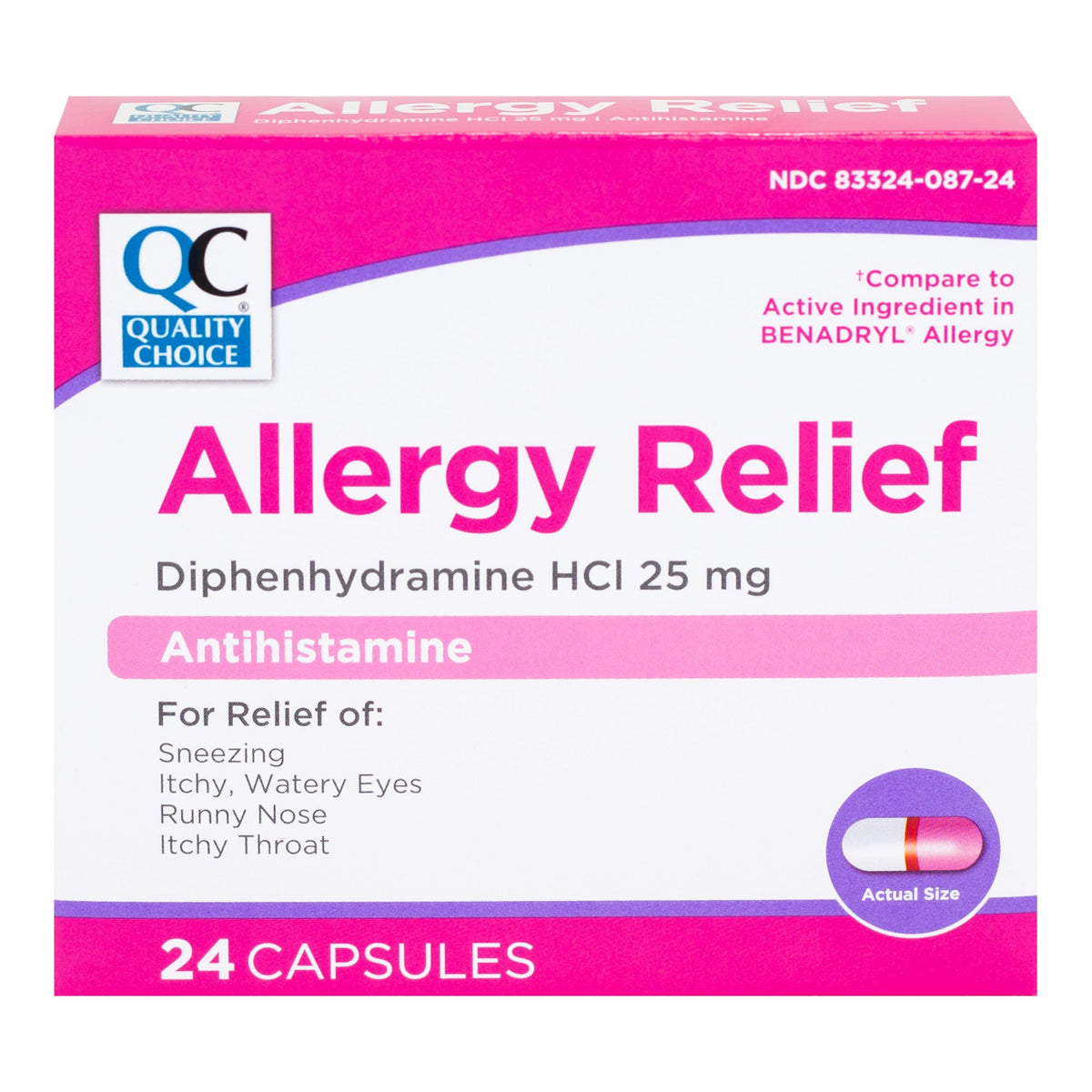 Quality Choice botella de cápsulas de 25 mg para alivio rápido de alergias