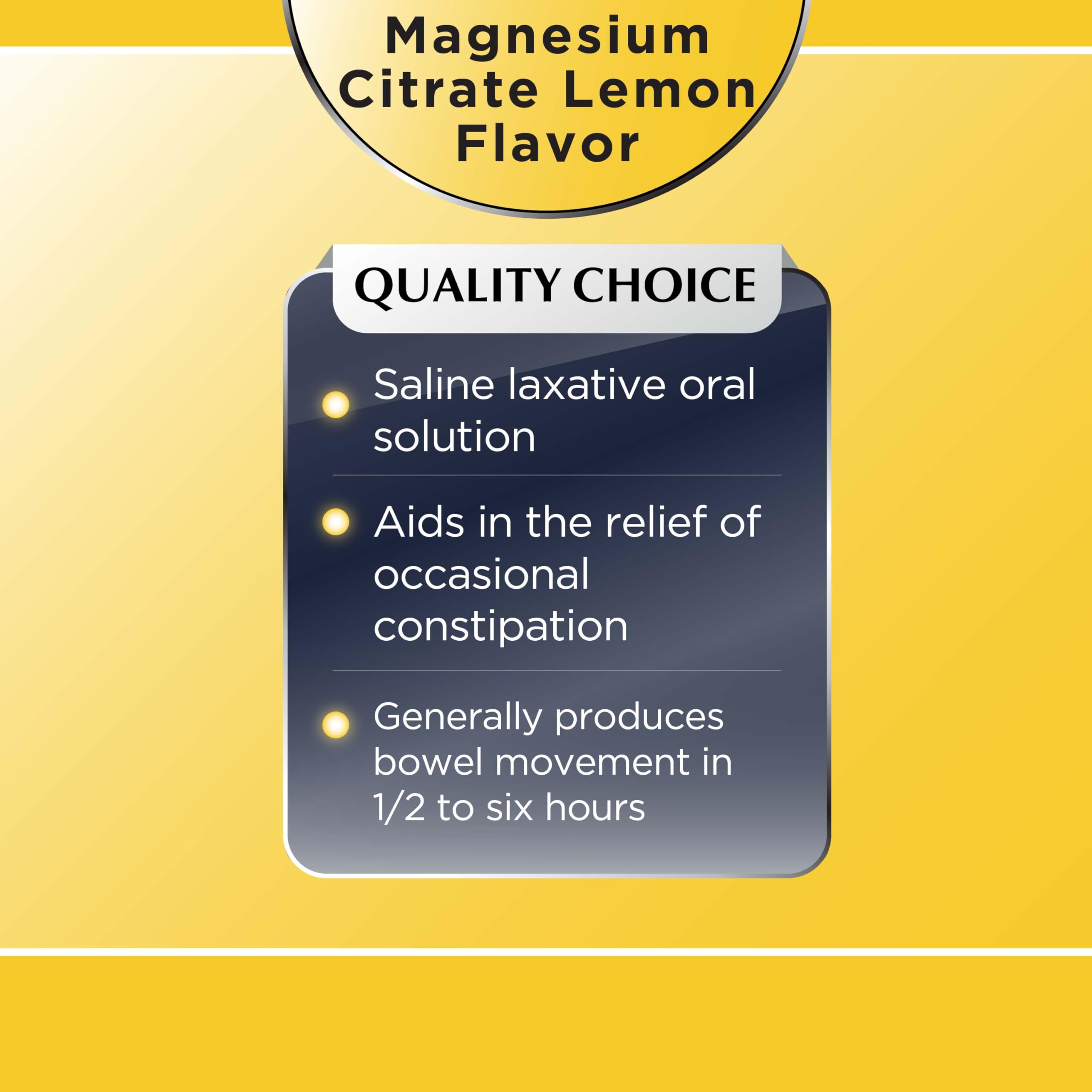 Quality Choice Citrato de magnesio solución oral limón, vertido en vaso para administración rápida.
