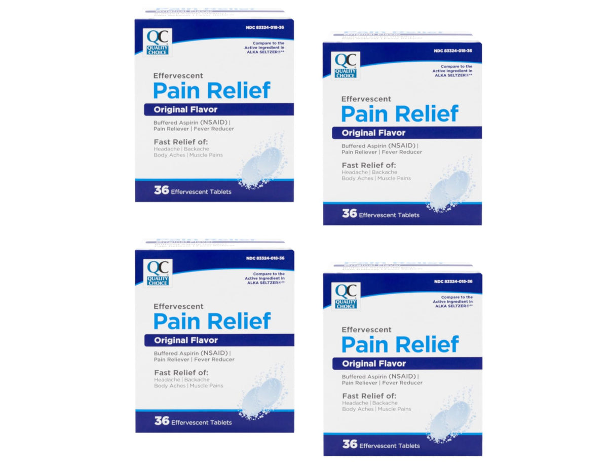 Frasco de Quality Choice con tabletas efervescentes para alivio de dolor leve.