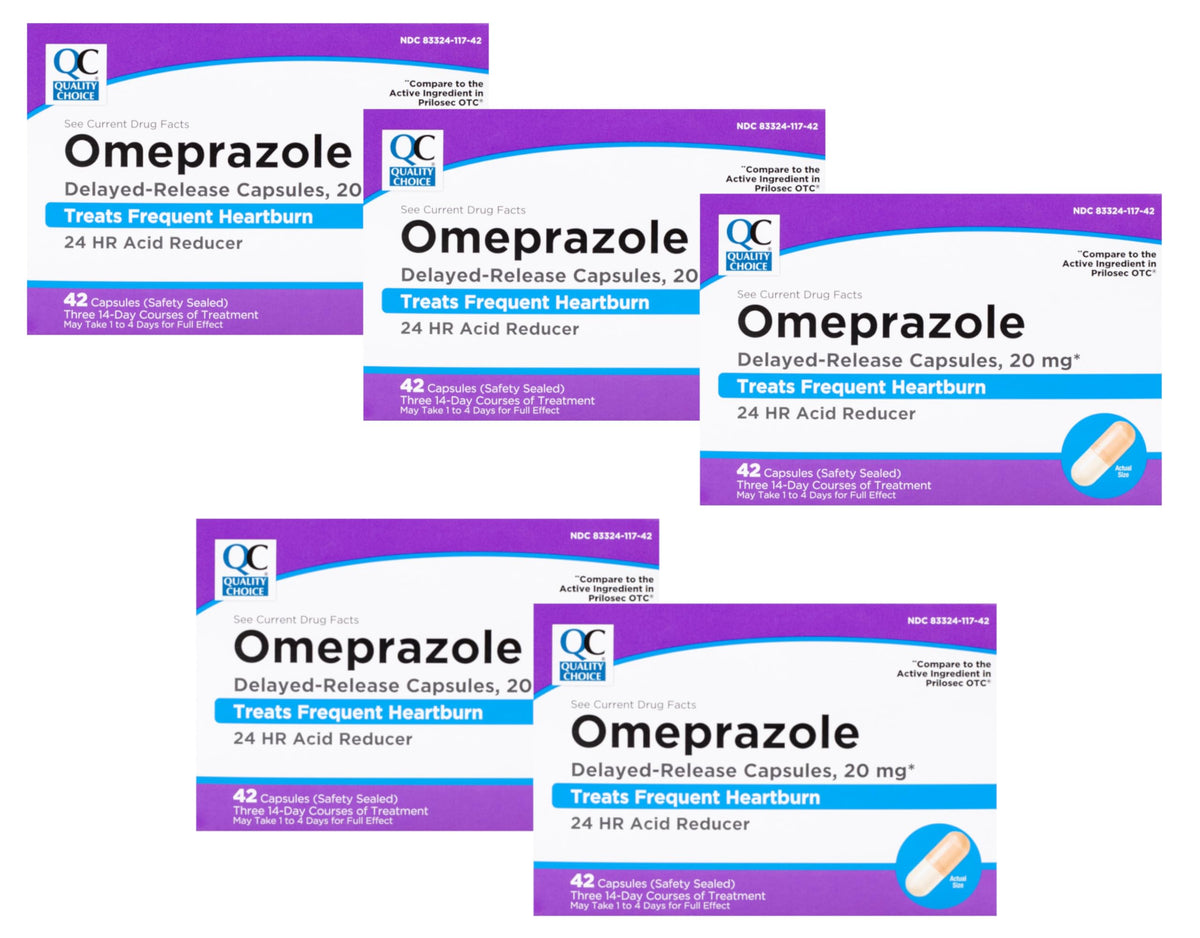 Quality Choice omeprazol cápsulas retardo, caja visible para uso diario cómodo.