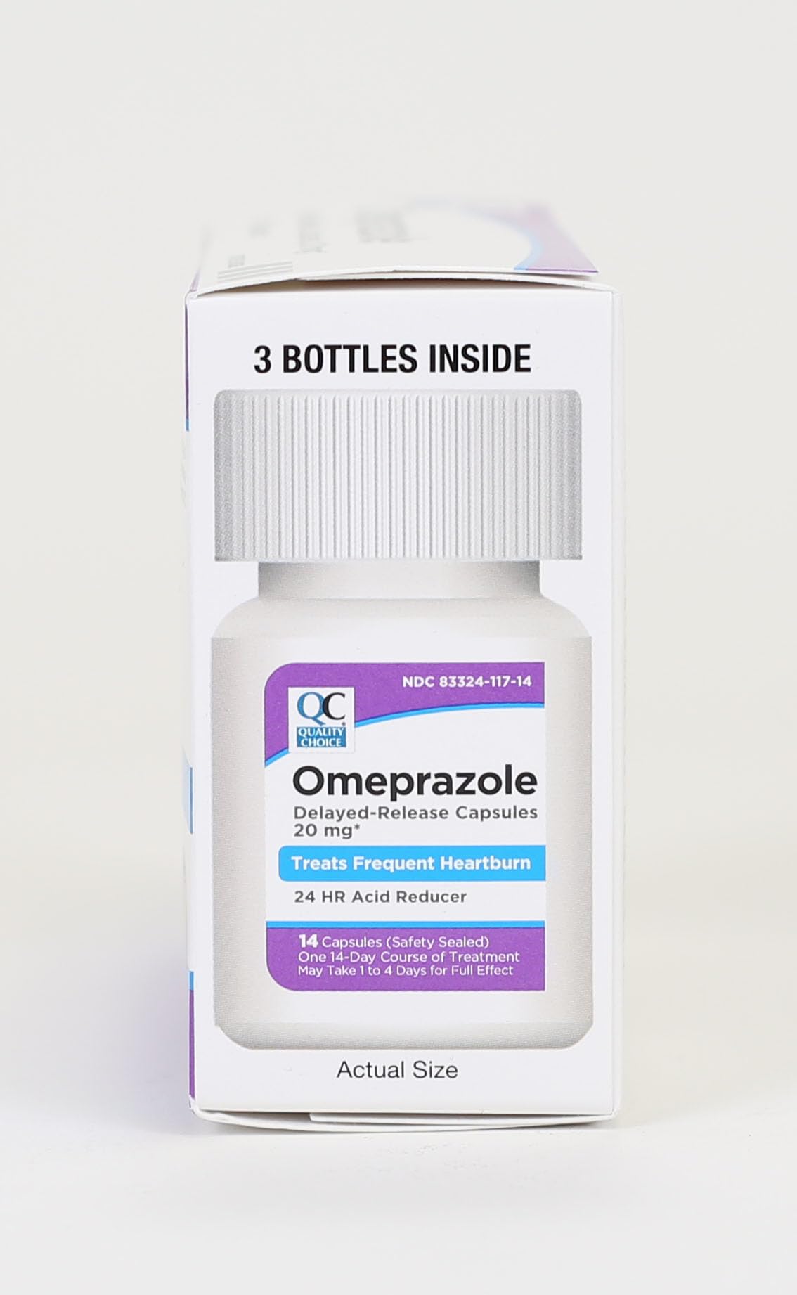 Quality Choice omeprazol cápsulas retardo, frasco práctico para almacenamiento seguro.