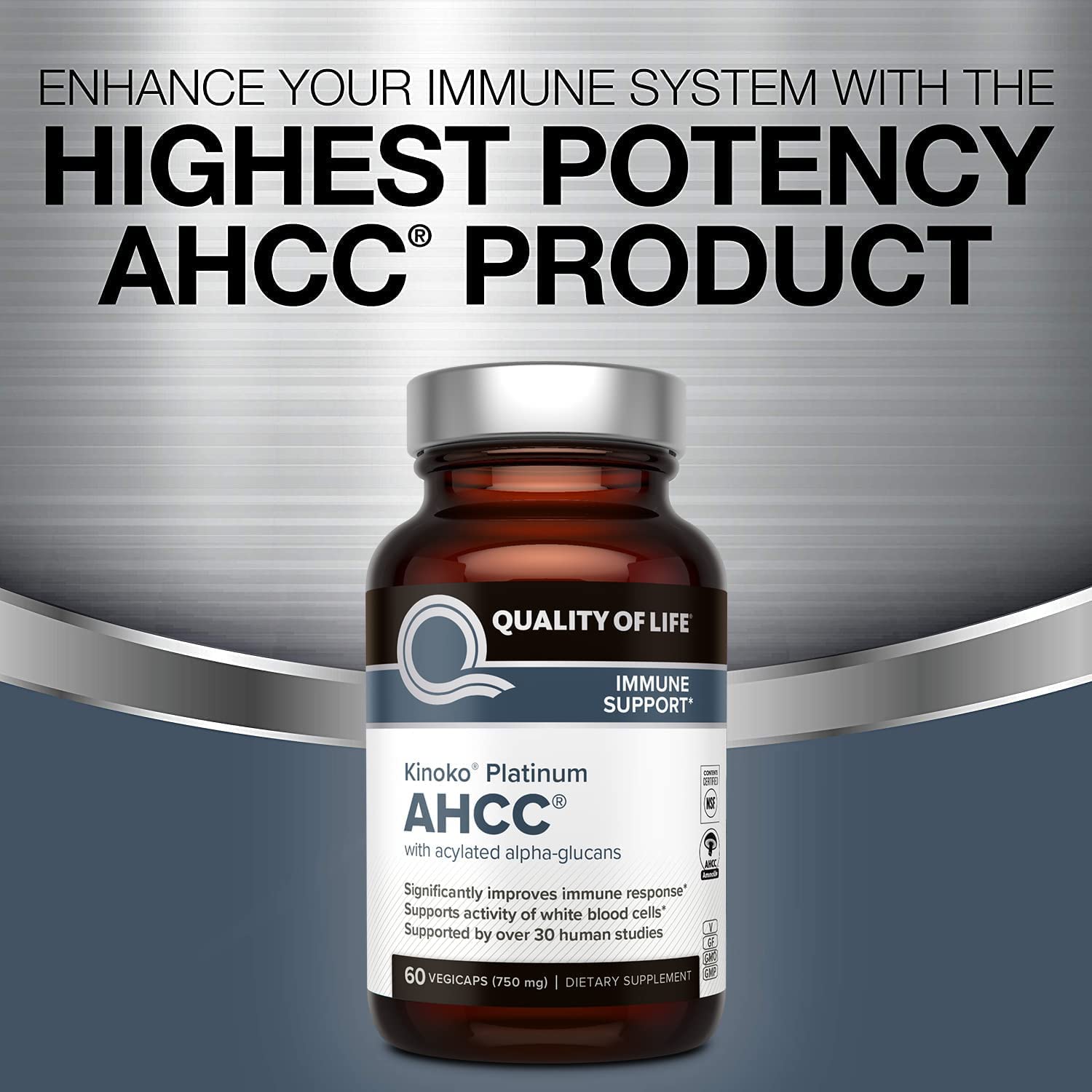 Quality of Life AHCC Kinoko Platinum 750 mg, cápsulas vegetarianas aptas para gluten
