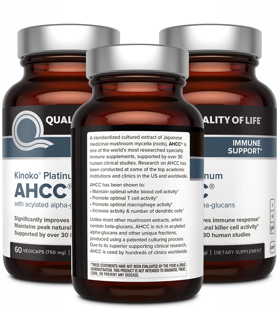 Quality of Life AHCC Kinoko Platinum 750 mg, etiqueta detallada para compra consciente