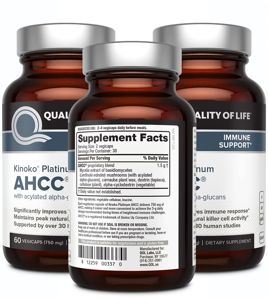 Quality of Life AHCC Kinoko Platinum 750 mg, paquete de tres, conveniencia diaria