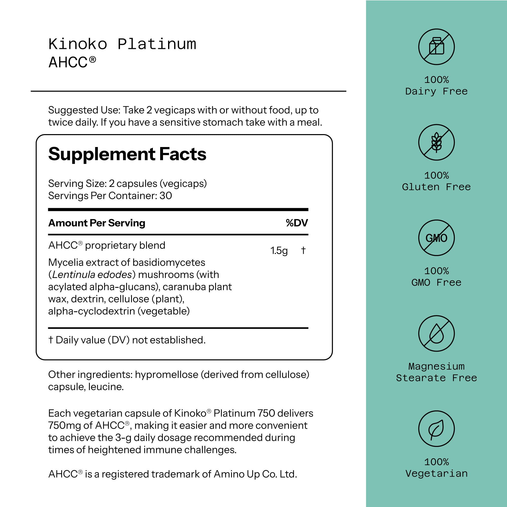 Cápsulas AHCC 750 mg Kinoko Platinum: potencia diaria para el sistema inmune