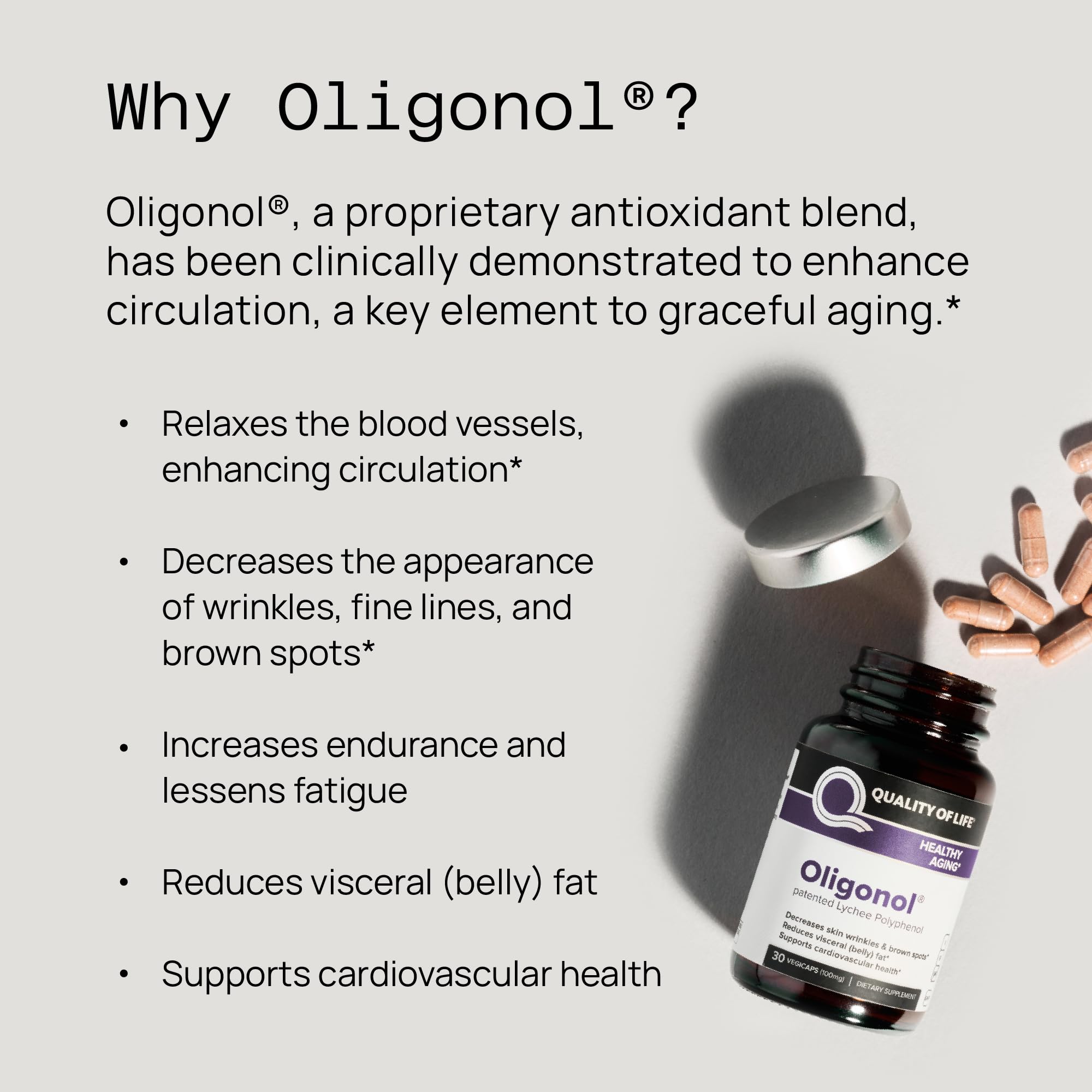 Quality of Life Oligonol, etiqueta-envase que garantiza calidad y seguridad.
