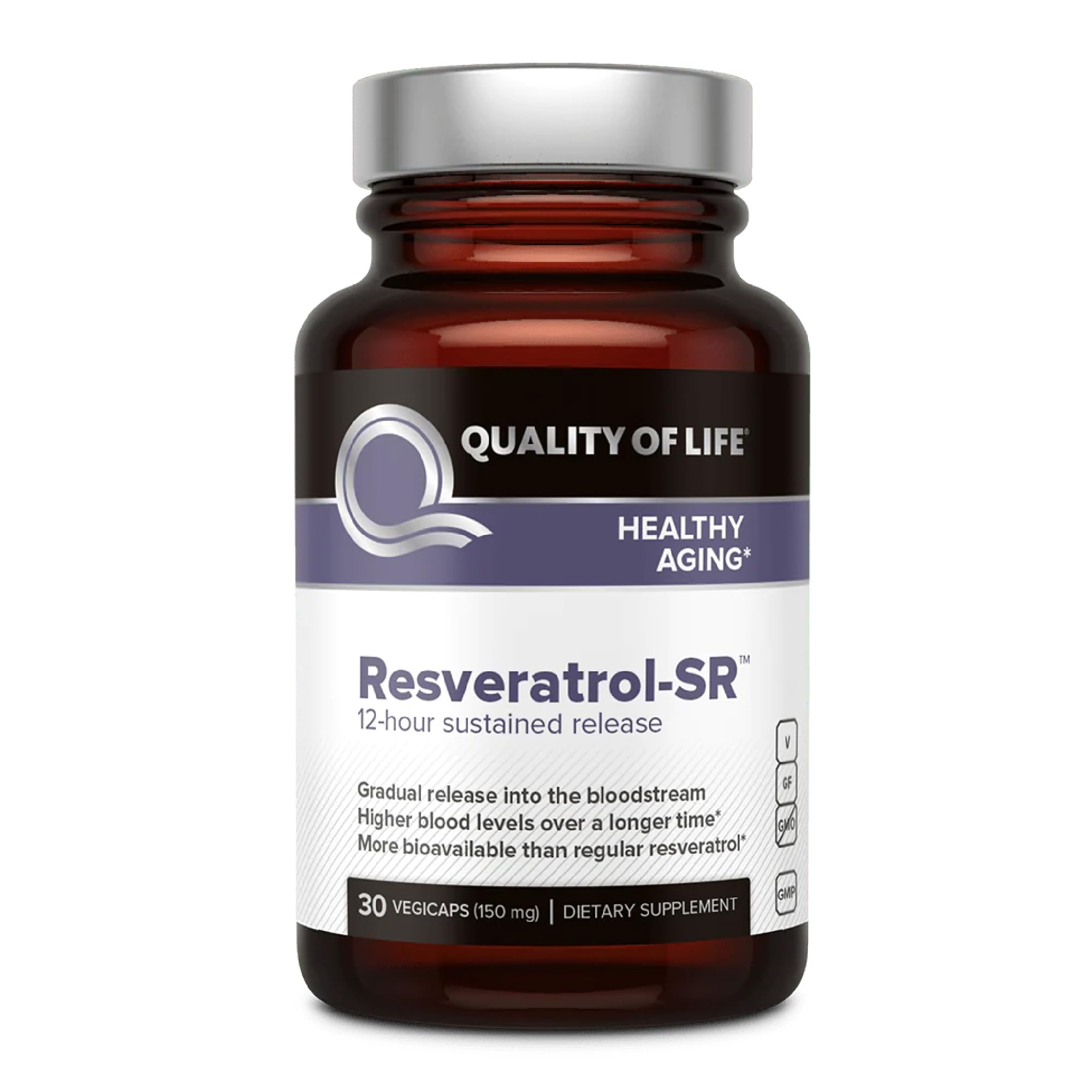 Quality of Life Resveratrol SR, botella en primer plano para apoyo diario.