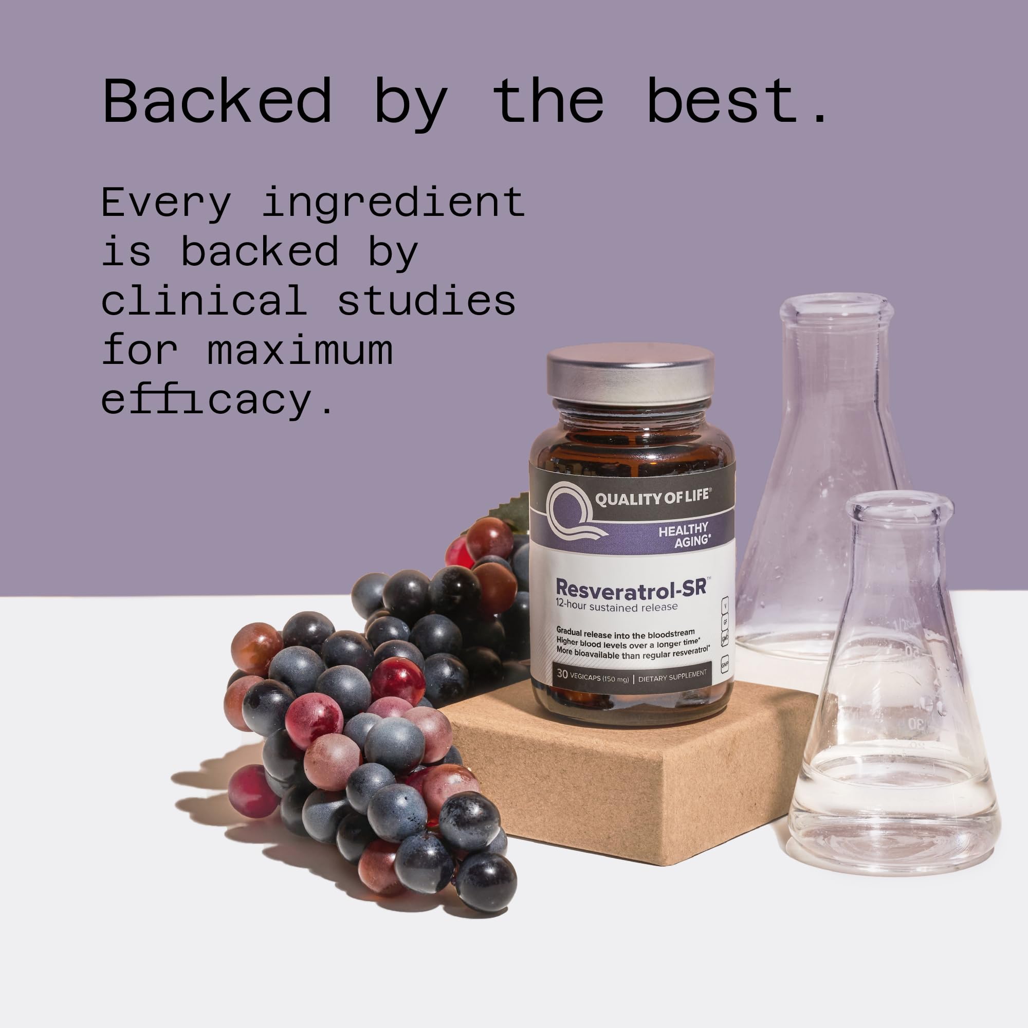 Quality of Life Resveratrol SR, empaque compacto ideal para estilo de vida activo.