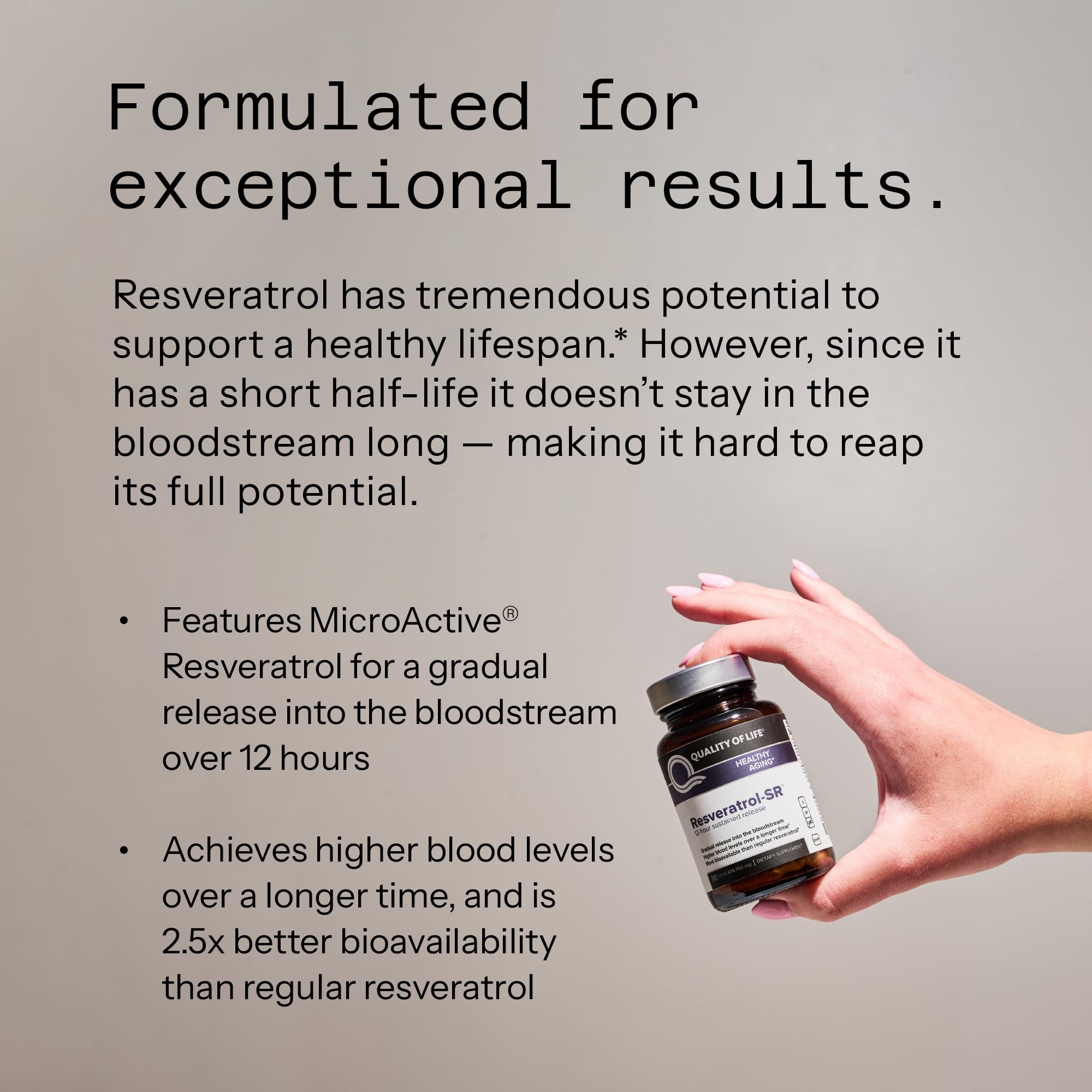 Quality of Life Resveratrol SR, etiqueta informativa para uso consciente.