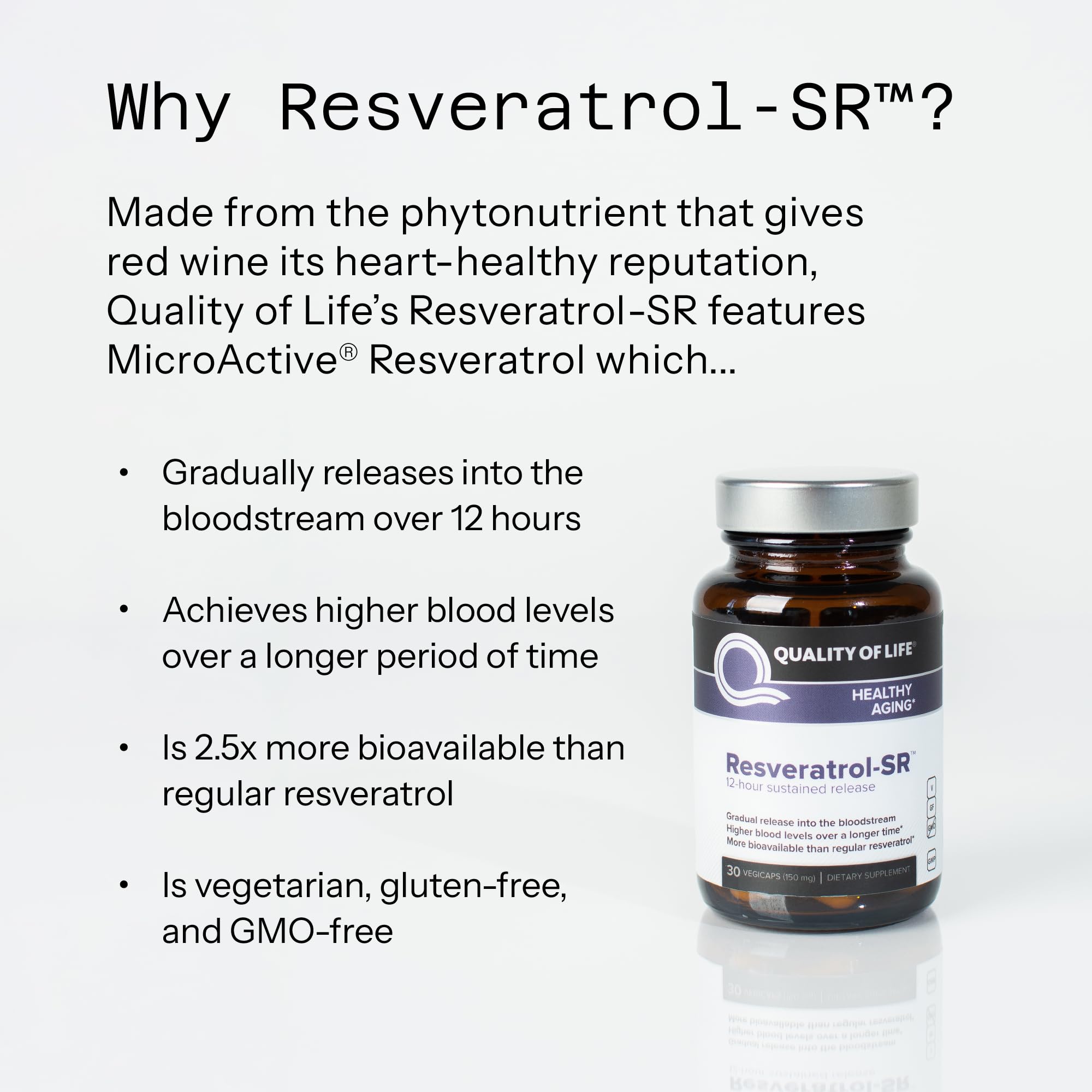 Quality of Life Resveratrol SR, toma diaria para apoyo antioxidante moderado.